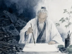 Ceramicist with serene closed eyes gently molding a clay vessel on a spinning wheel in natural light in fluid artisan studio study with gentle motion blur and warm earth-tone washes, illustrating Huajing (the Transformative Realm), transcending self-conscious technique into intuitive effortless flow on ChiDestiny