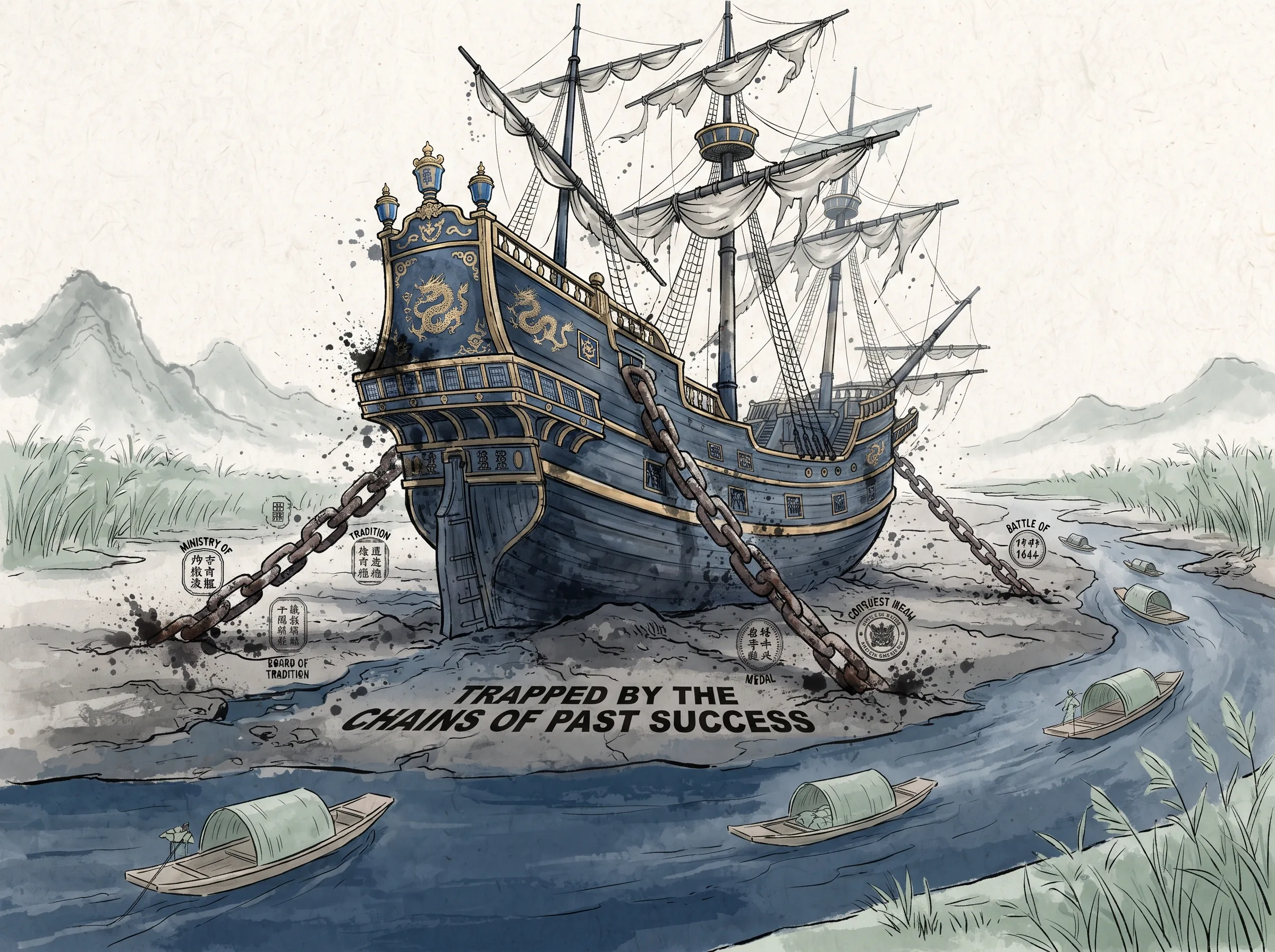 a magnificent royal galleon trapped helpless in drying mud shallows, tied down by enormous rusted iron chains labeled with bureaucratic seals and old victory medallions, while agile river skiffs pass freely nearby in contemporary literati Chinese ink cartoon style with Prussian blue ink wash, sage green accents, and Xuan paper negative space, illustrating trapped by the chains of past success, embodying 组织僵化的三重铁锁：过往成功的功劳簿、官僚审批的厚重印章、以及对犯错的恐惧，将巨轮牢牢锁死在枯水期的浅滩上 on ChiDestiny