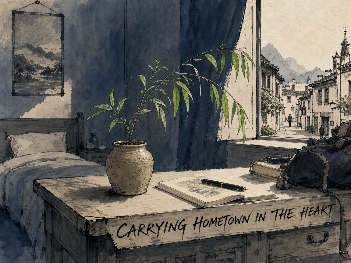 Humble travel desk in a foreign inn, upon which sits a small unglazed clay jar holding soil from one's birth village and a sprig of fresh green willow leaves, anchoring the wanderer's restless soul in deep Prussian blue room shadows, vibrant sage green willow leaves, and warm Xuan paper background, illustrating carrying hometown in the heart, internalizing cultural soil as a portable spiritual sanctuary on ChiDestiny