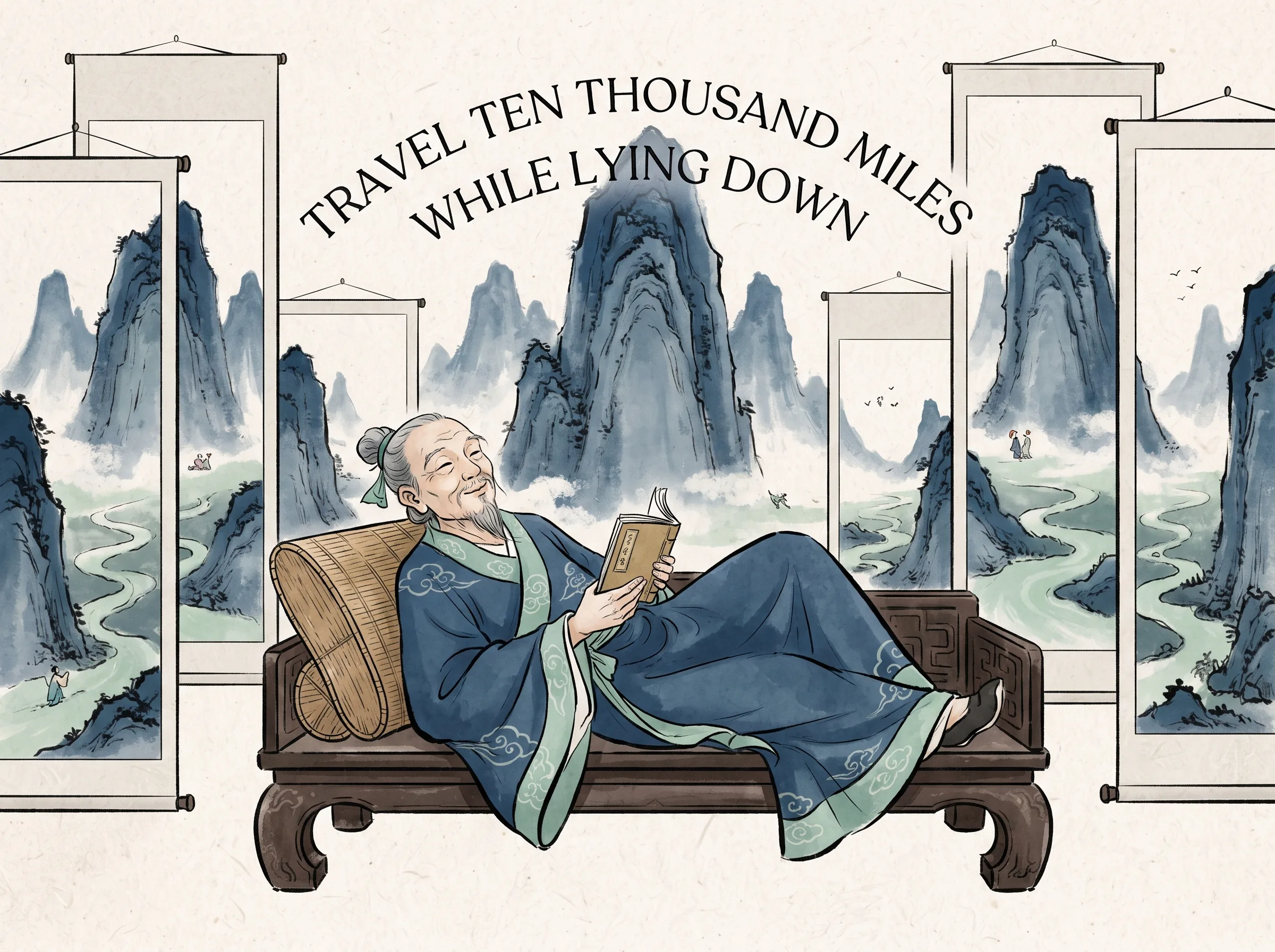 an elderly whimsical philosopher reclining comfortably on a wooden divan with a bamboo pillow, surrounded by floor-to-ceiling hanging landscape scrolls depicting soaring mountains and misty rivers, smiling serenely as if soaring among clouds in contemporary literati Chinese ink wash in deep Prussian blue and sage green with ample Xuan paper negative space, illustrating travel ten thousand miles while lying down, embodying 南朝宗炳'卧游'之道：老画家因病无法登临名山，遂将五岳山川尽绘于四壁之上，倚枕抚琴'澄怀味象，卧以游之'，精神畅游宇宙 on ChiDestiny