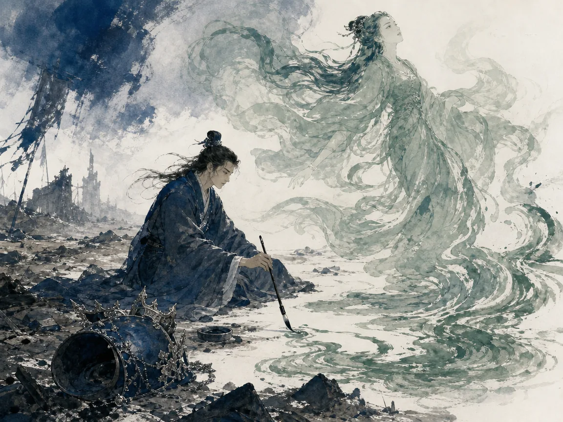 Unseated prince writing with flowing ink beside an abandoned coronet while mist weaves ethereal water silks across paper in majestic romantic literati ink study balancing heavy earthy defeat with dancing silk mist textures, illustrating the paradox of personal ruin unlocking immortal literary genius in Cao Zhi's life on ChiDestiny