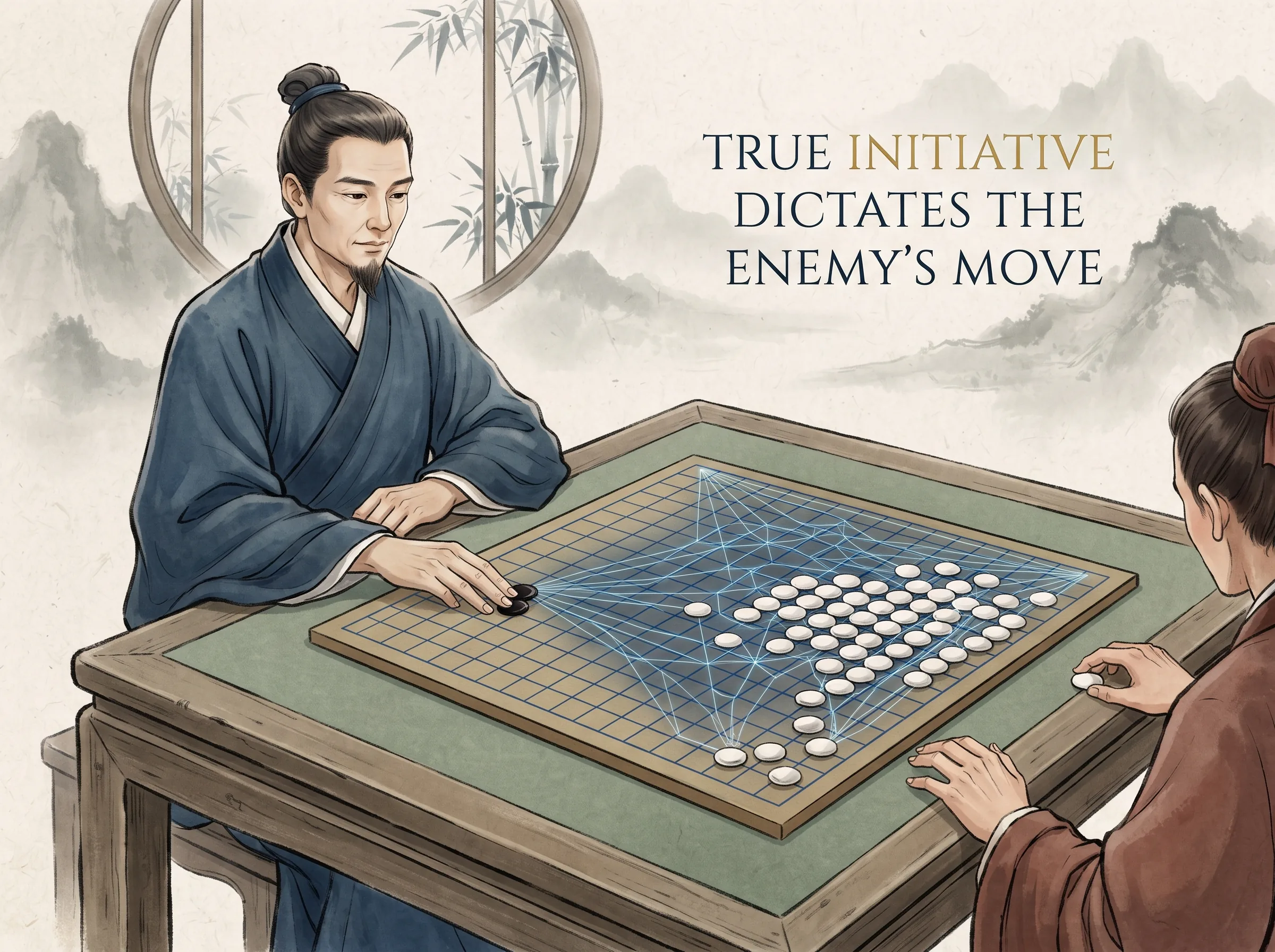 master Go player placing a single black stone on the board with absolute composure, casting an invisible geometric net that constrains the opponent's entire half of the board, leaving them with only one awkward escape route in contemporary literati Chinese ink cartoon style with Prussian blue ink wash, sage green accents, and Xuan paper negative space, illustrating true initiative dictates the enemy's move, embodying 围棋'先手'真意：先手不是先走一步，而是走出的每一步都自带强烈的压迫感与结构约束，迫使对手只能被动应招而无法走自己的计划 on ChiDestiny