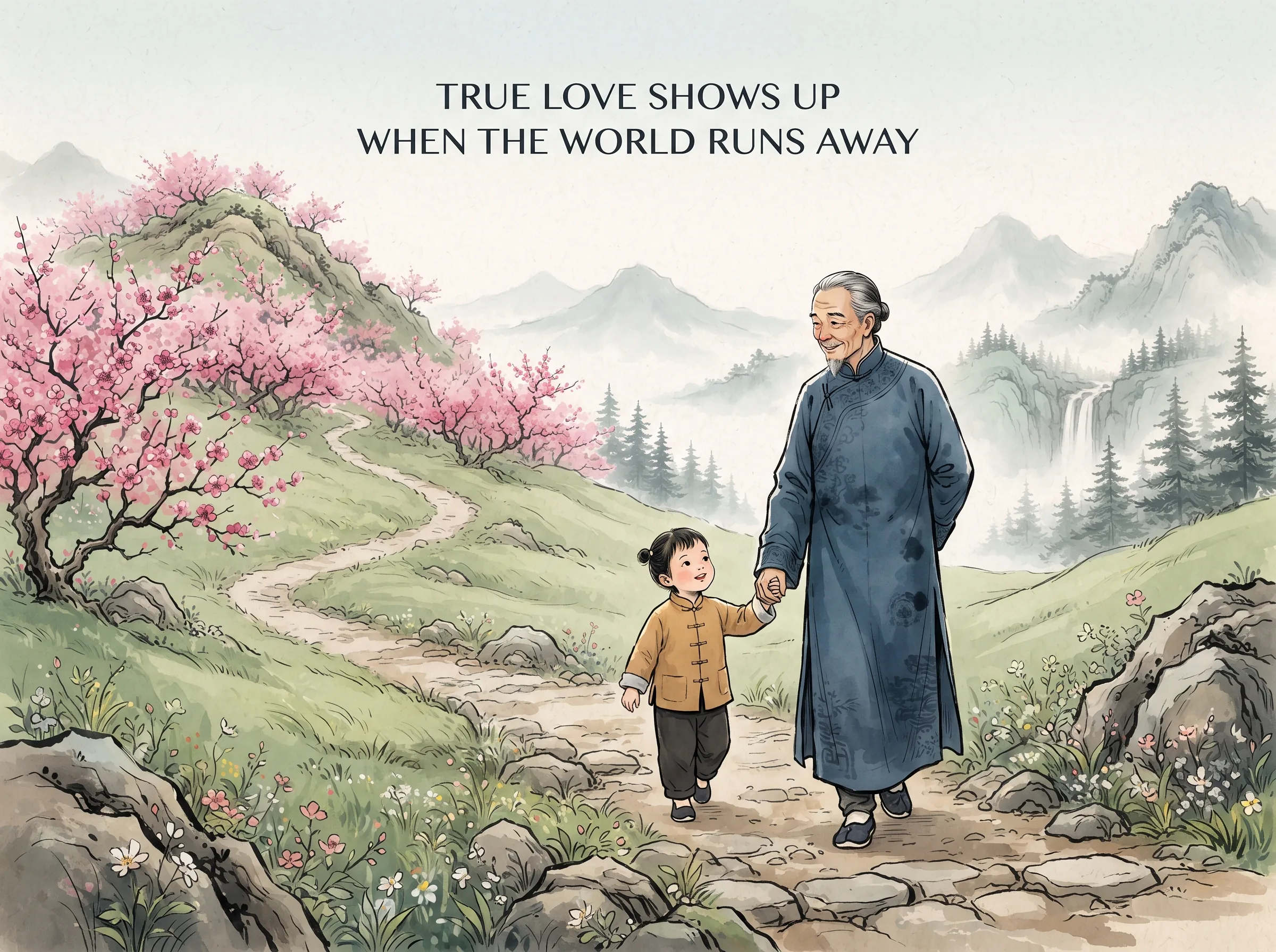 a gentle elder mentor walking along a peaceful mountain path holding the hand of young kin while looking tenderly toward a hill covered in blossoming plum trees, deep Prussian blue long scholar robe, gentle sage green grass slopes and distant misty pines in contemporary literati Chinese ink wash in deep Prussian blue and sage green with ample Xuan paper negative space, illustrating true love shows up when the world runs away, embodying 在名利翻覆的世间，苏辙抚养苏轼的子女，安葬兄长，以数十年的笃定行动践行儒家'悌道'最深刻的无声慈悲 on ChiDestiny