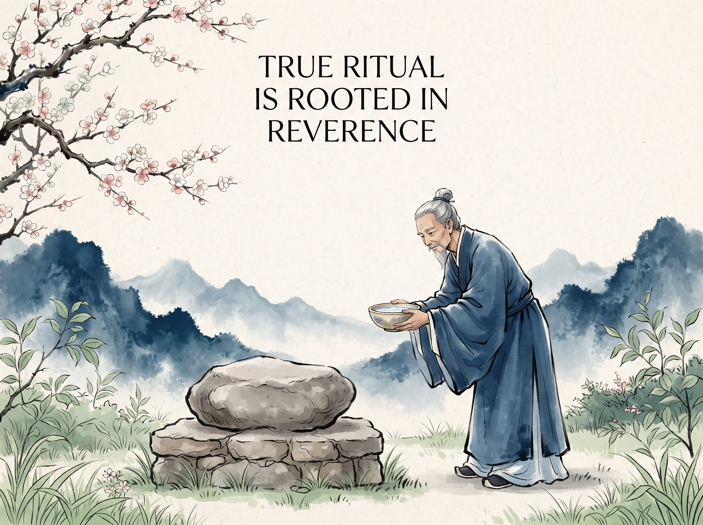 an ancient spring festival village scene where a dignified elder bows gently before an uncarved stone altar beneath flowering apricot branches, offering a simple bowl of fresh spring water with sincere grace, deep Prussian blue mountain backdrop and elder robe in contemporary literati Chinese ink wash in deep Prussian blue and sage green with ample Xuan paper negative space, illustrating true ritual is rooted in reverence, embodying 当代空洞机械的消费主义仪式与充满诚敬的传统仪式对比：古人在春社日以一碗清水、数瓣野杏花敬谢天地，朴素中充满不可撼动的神圣感 on ChiDestiny