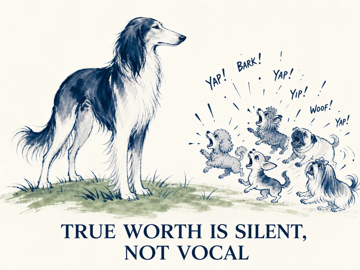 an impressive noble hound standing calm and unmoving without a sound, while frantic noisy little lapdogs yap and bark loudly around it in vain, satirizing verbose shallow scholars vs. genuine profound virtue in contemporary literati Chinese ink cartoon style with Prussian blue ink wash, sage green accents, and Xuan paper negative space, illustrating true worth is silent, not vocal, embodying 良犬不以善吠为贤，智者不以能言为圣；喧闹集市中吠犬喧天，而真勇者渊默雷声沉静如山 on ChiDestiny