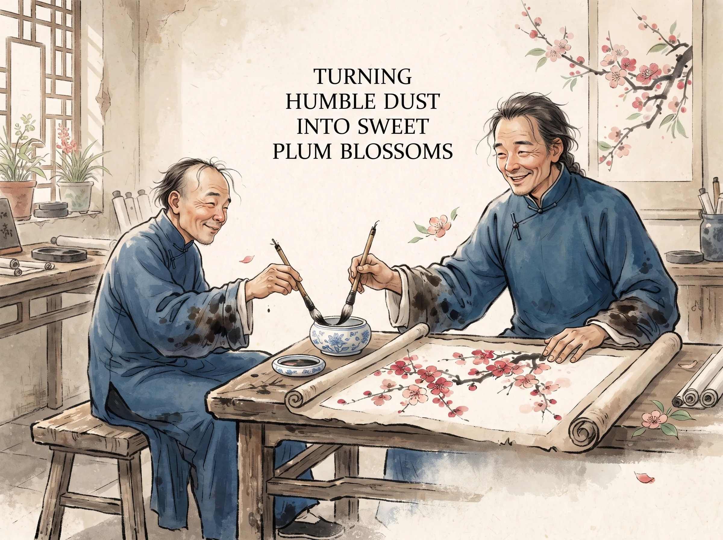 an impoverished bohemian Qing artist with ink-stained sleeves dipping a worn brush into an exquisite small porcelain rouge cosmetic box, laughing affectionately as delicate crimson plum blossoms bloom across rough hemp paper, deep Prussian blue scholar robe and wooden stool in contemporary literati Chinese ink wash in deep Prussian blue and sage green with ample Xuan paper negative space, illustrating turning humble dust into sweet plum blossoms, embodying 扬州八怪罗聘因囊中羞涩无以为礼，遂向友人之妻借胭脂水粉为友人作梅花图，将窘迫生活化为风雅佳话，美从生活的真实土壤中生长 on ChiDestiny