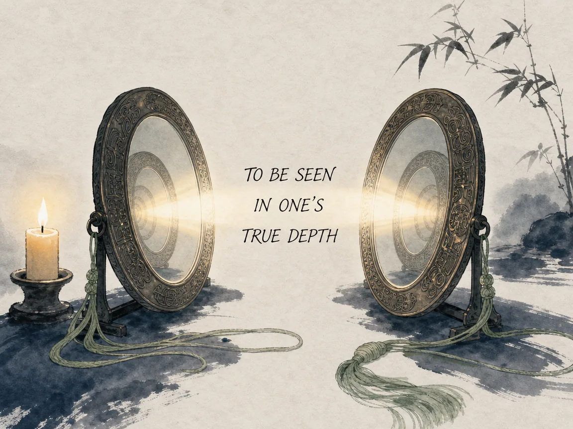 Two poetic vintage bronze mirrors angled toward each other under soft candlelight, their reflections creating an infinite pure channel of light and warm understanding without a spoken word in Prussian blue tranquil shadows, soothing sage green silk cords, and candlelight halo on rice paper, illustrating being seen in one's true depth, capturing the wordless spiritual resonance at the core of authentic Zhiji intimacy on ChiDestiny
