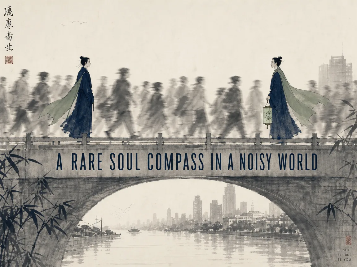 Fast-moving bustling crowd depicted as light grey silhouettes crossing a city bridge, while two solitary friends pause ten paces apart, meeting each other's calm gaze with profound mutual recognition in deep Prussian blue figures, gentle sage green mantle and bamboo lantern against airy paper background, illustrating a rare soul compass in a noisy world, anchoring individuals against existential alienation and modern crowd isolation on ChiDestiny