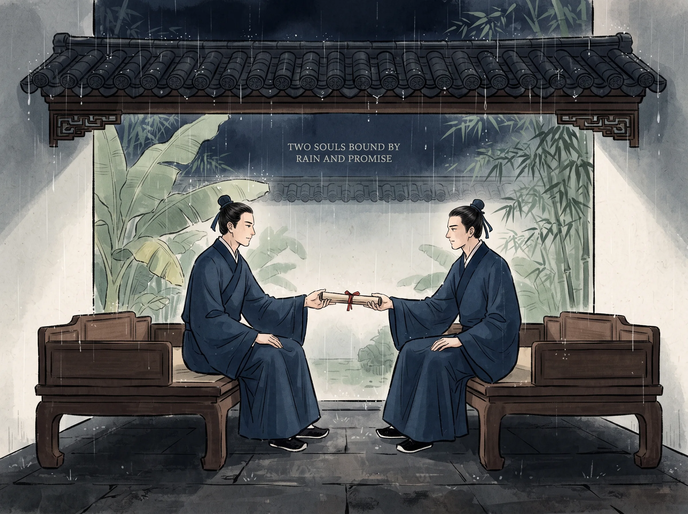 two scholarly brothers sitting on opposite wooden daybeds under a softly dripping tiled roof eaves, exchanging warm scrolls with trusting gazes as autumn rain patters outside, deep Prussian blue night sky and scholars' garments in contemporary literati Chinese ink wash in deep Prussian blue and sage green with ample Xuan paper negative space, illustrating two souls bound by rain and promise, embodying 光芒四射的苏轼与沉稳深敛的苏辙并肩坐于几案前，一狂放一清稳，互阅书信、对榻夜雨之约贯穿终生 on ChiDestiny