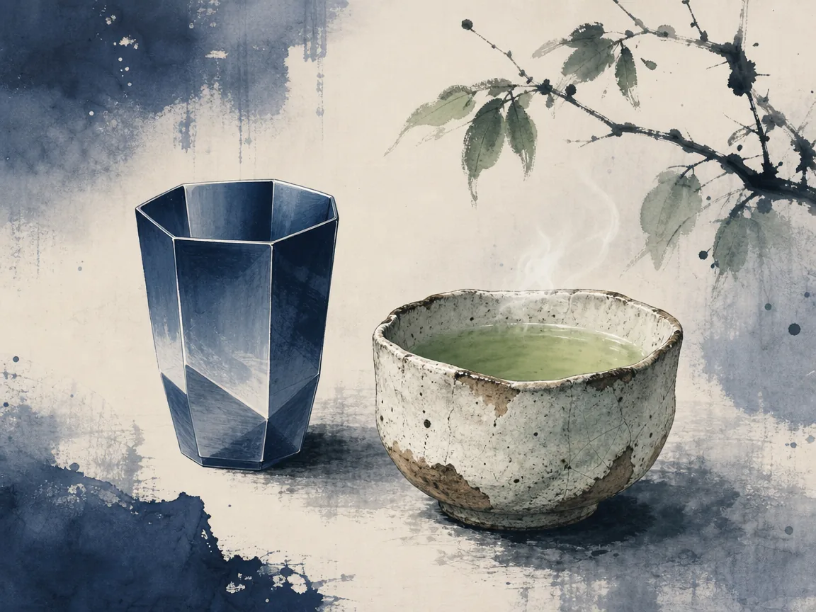 Hand-pinched ceramic tea bowl with asymmetrical rustic rim and coarse ash glaze on weathered elm wood in tactile rustic still-life wash celebrating wabi-like earthy imperfections and organic textures, illustrating Laozi's Daoist principle of uncalculated naturalness, where supreme craft intentionally assumes humble clumsy simplicity on ChiDestiny