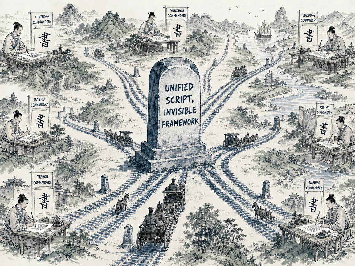 Grand network of standard chariot wheel tracks traversing ancient roads while scholar brushes in distant provinces write identical clear square Chinese characters in Prussian blue ink tracks, stone markers, and sage green landscape touches with bright paper space, illustrating unified script as an invisible structural framework uniting diverse geographical dialects into shared consciousness on ChiDestiny