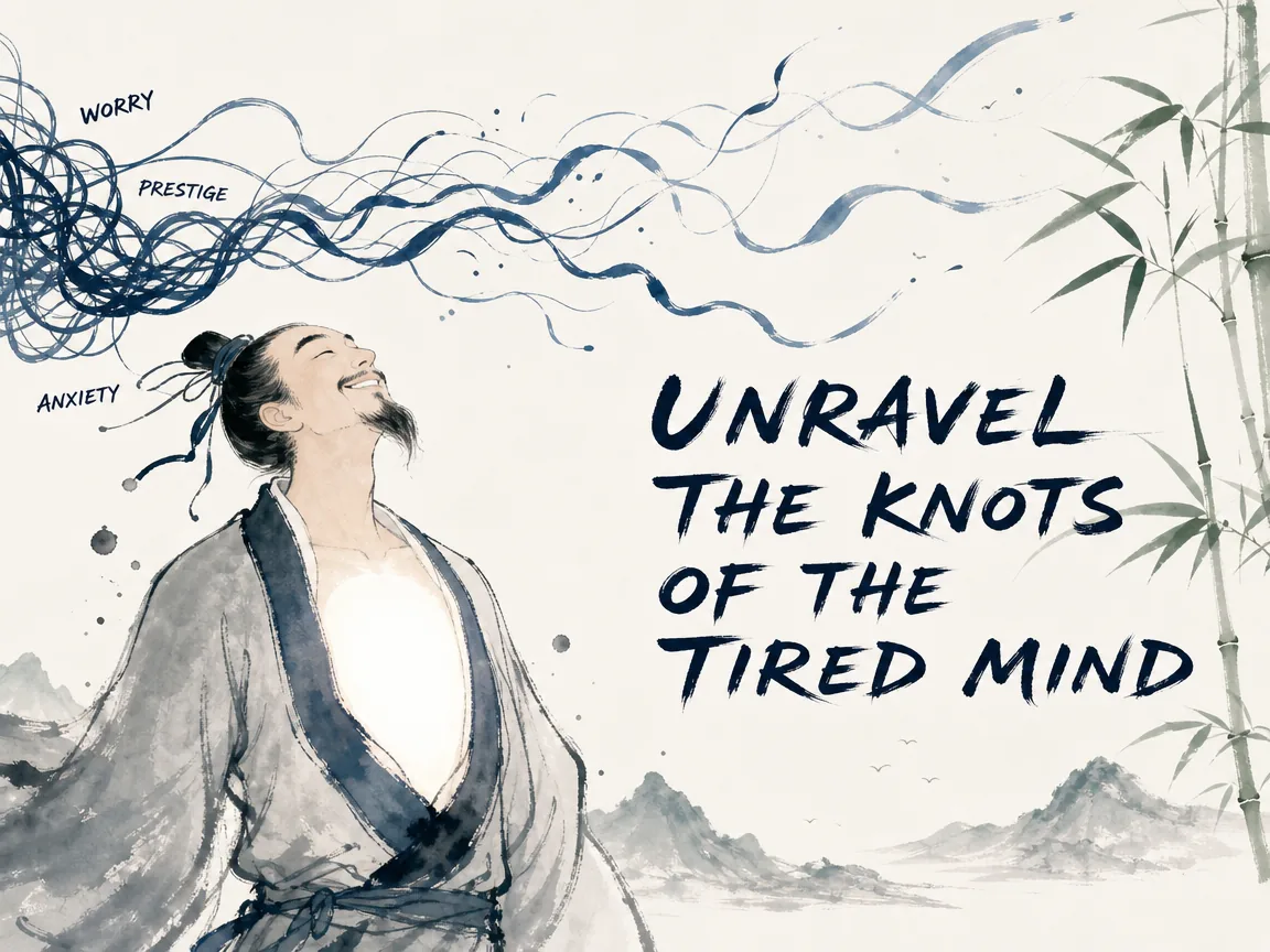a scholar smiling with immense relief as complex tangled threads representing worry, prestige, and anxiety gently unravel and float away on a soft breeze in contemporary literati Chinese ink cartoon style with Prussian blue ink wash, sage green accents, and Xuan paper negative space, illustrating unravel the knots of the tired mind, embodying 解开思虑之死结，剪断欲念之缠丝，心台虚灵澄澈，清风穿堂而过再无阻滞 on ChiDestiny