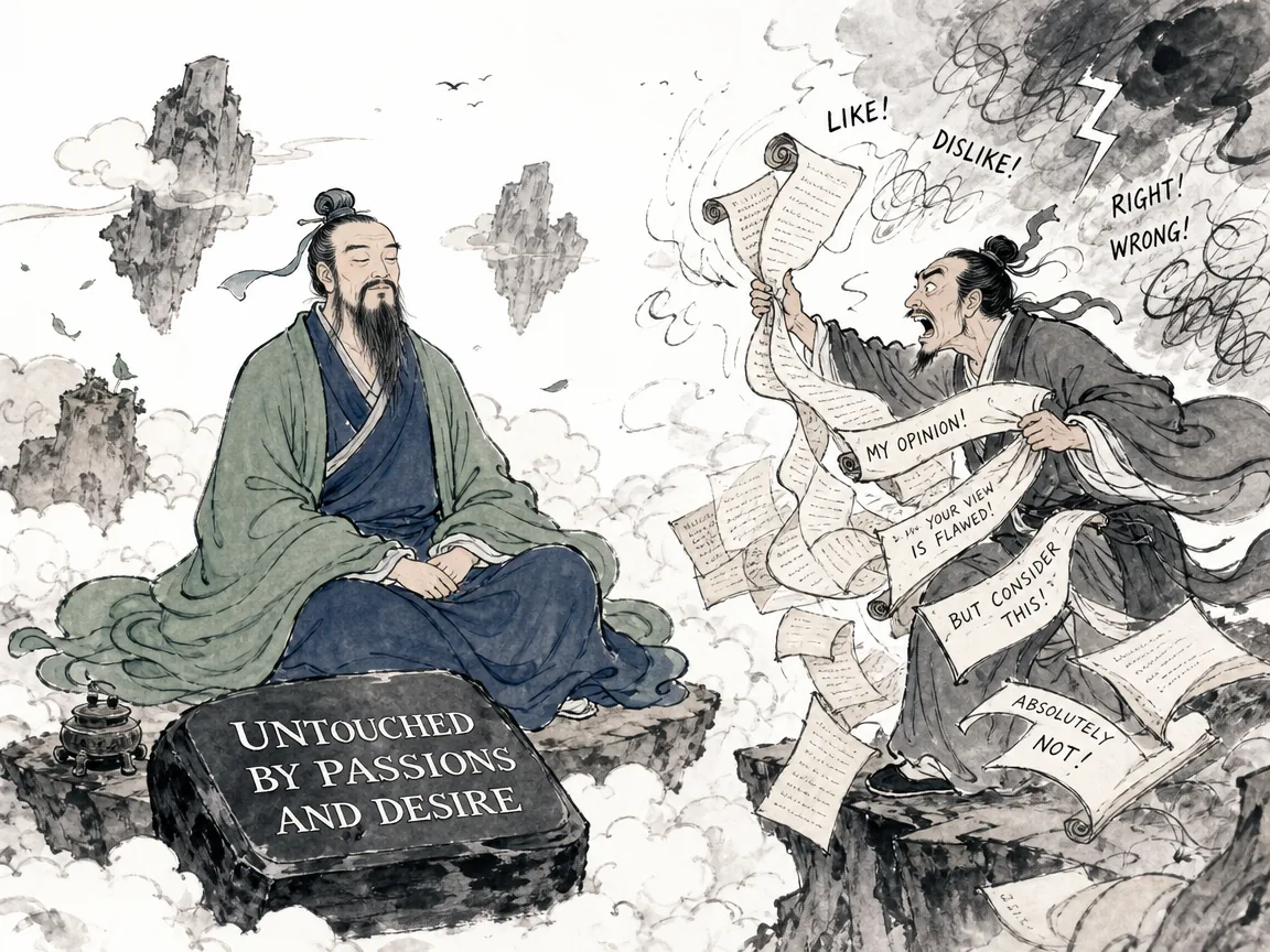an unflappable Daoist master sitting comfortably between floating clouds and rocks, completely immune to emotional petty storms of like and dislike, while a fussing debater beside him waves tangled scrolls in vain in contemporary literati Chinese ink cartoon style with Prussian blue ink wash, sage green accents, and Xuan paper negative space, illustrating untouched by passions and desire, embodying 至人端坐于天地之间，不受喜怒好恶所累，形神兼备逍遥世外，惠施在一旁争论辩驳显得自寻烦恼 on ChiDestiny