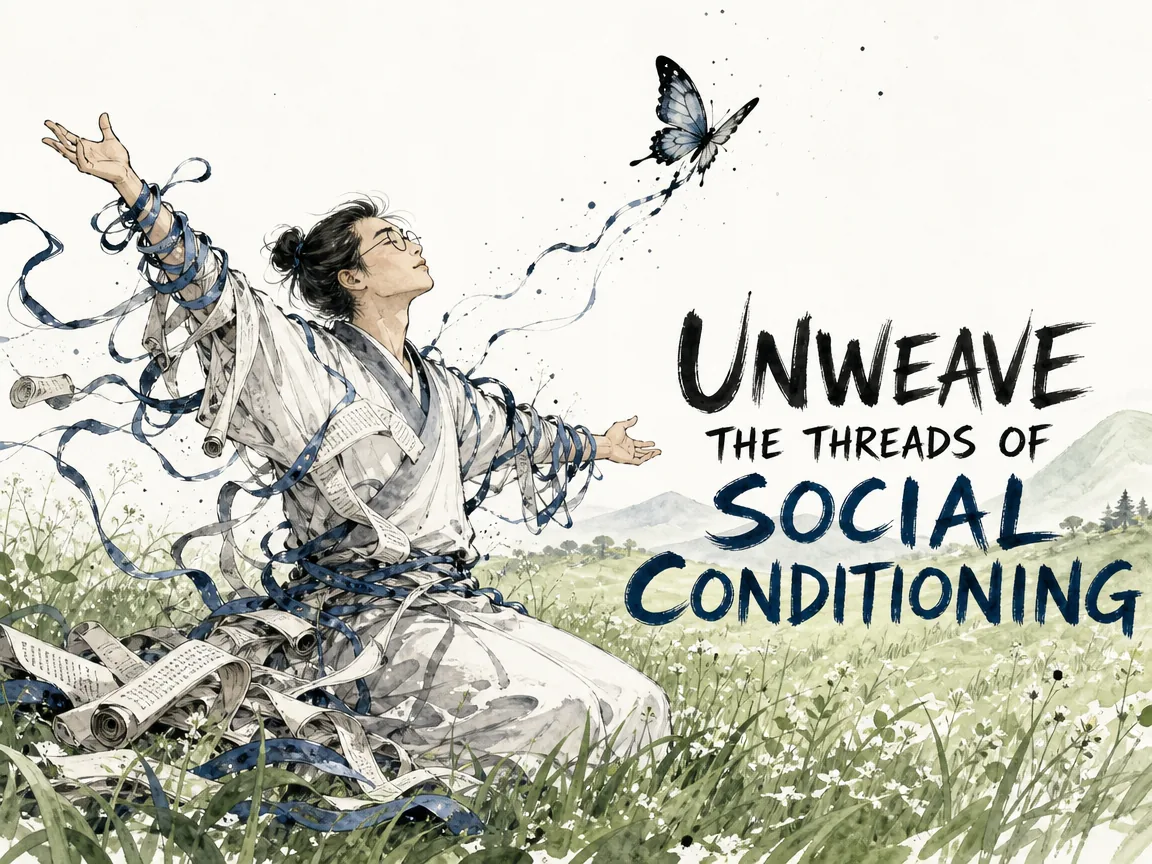 an intellectual unravelling clumsy tight bandages of ceremonial rules and written scrolls from his limbs, breaking free like a newborn butterfly to return to organic natural innocence, Prussian blue unravelled ribbons in contemporary literati Chinese ink cartoon style with Prussian blue ink wash, sage green accents, and Xuan paper negative space, illustrating unweave the threads of social conditioning, embodying 士人埋首于繁复世俗教条与名利簿册之中，犹如作茧自缚；智者破茧而出，重返素朴赤子之心 on ChiDestiny