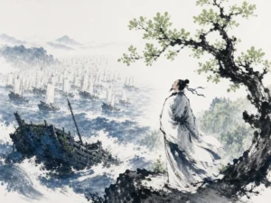 Sunken mossy boat in river shallows contrasted with fresh green leaves blooming on a resilient weathered bough in dynamic high-contrast literati wash showing surging river sails and triumphant spring shoots, illustrating Liu Yuxi's unyielding optimism across twenty-three years of exile, seeing renewal where others see ruin on ChiDestiny