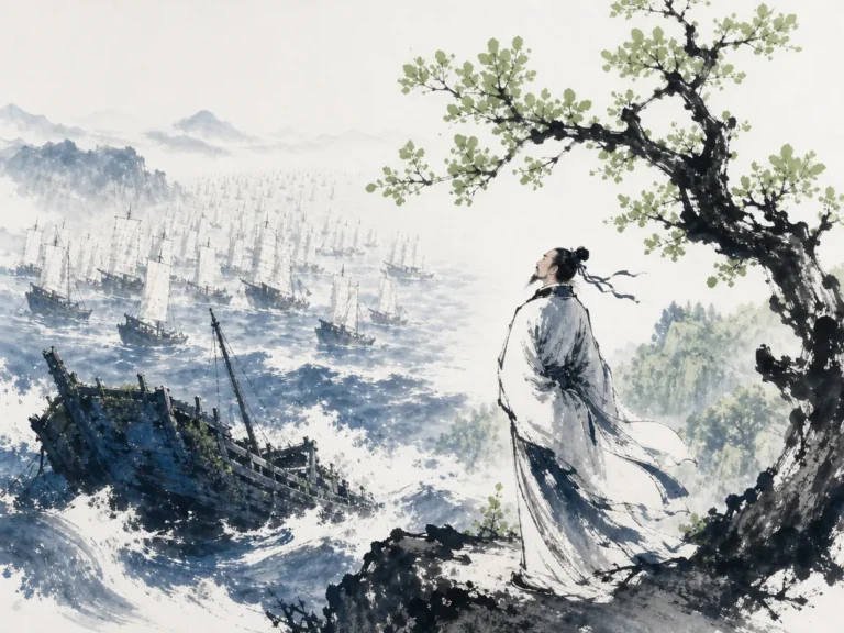 Sunken mossy boat in river shallows contrasted with fresh green leaves blooming on a resilient weathered bough in dynamic high-contrast literati wash showing surging river sails and triumphant spring shoots, illustrating Liu Yuxi's unyielding optimism across twenty-three years of exile, seeing renewal where others see ruin on ChiDestiny