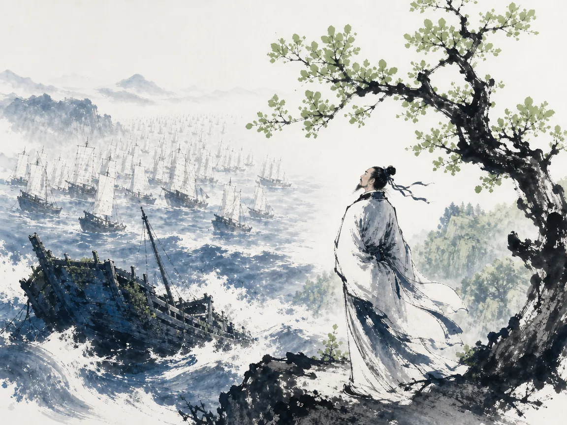 Sunken mossy boat in river shallows contrasted with fresh green leaves blooming on a resilient weathered bough in dynamic high-contrast literati wash showing surging river sails and triumphant spring shoots, illustrating Liu Yuxi's unyielding optimism across twenty-three years of exile, seeing renewal where others see ruin on ChiDestiny