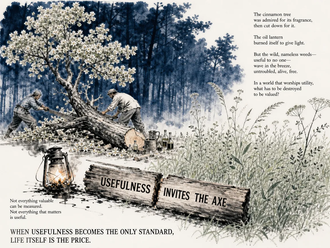 a blooming cinnamon tree felled by woodcutters for its fragrance and an oil lantern burning itself up, contrasted with wild nameless weeds swaying happily untouched in the meadow breeze, Prussian blue forest backdrop in contemporary literati Chinese ink cartoon style with Prussian blue ink wash, sage green accents, and Xuan paper negative space, illustrating usefulness invites the axe, embodying 肉桂芳香故遭砍伐，生漆有用故遭刀割，庄子指着野外无名杂草，唯无用之人能免遭祸患而全真 on ChiDestiny