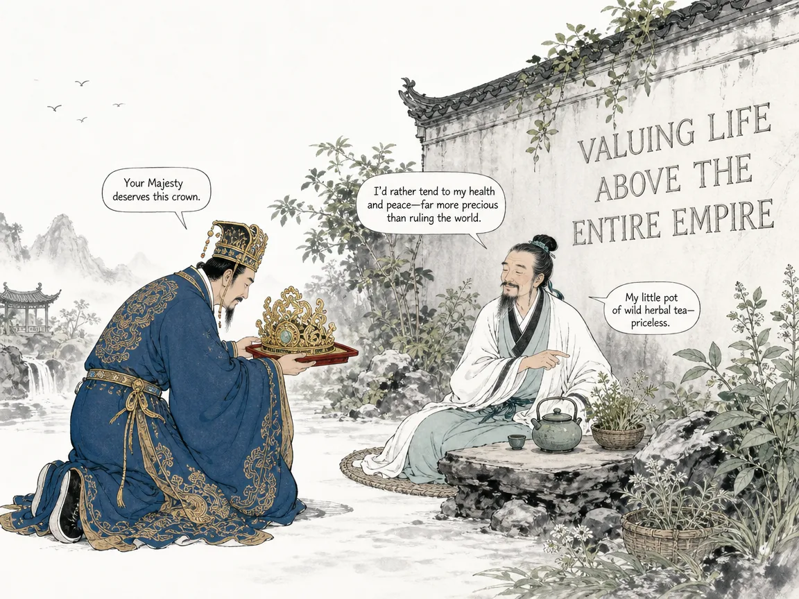 an ancient emperor respectfully kneeling offering a magnificent golden jade crown on a crimson tray, while a serene herbalist smilingly points to his little pot of wild herbal tea, declining the crown because caring for his personal health and peace is far more precious in contemporary literati Chinese ink cartoon style with Prussian blue ink wash, sage green accents, and Xuan paper negative space, illustrating valuing life above the entire empire, embodying 尧让天下于高士，高士却以'方治小疾'为由从容谢绝，天下虽大抵不过一己性命之安宁尊严 on ChiDestiny