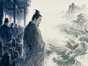 Austere ministerial hallway with official seal stamps contrasted with misty river ripples carrying scattered memorial letters in nuanced reflective ink wash contrasting rigid administrative architecture with tender water ripples, illustrating the poignant tension in Yuan Zhen's life between bureaucratic maneuvering and genuine grief on ChiDestiny