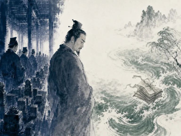 Austere ministerial hallway with official seal stamps contrasted with misty river ripples carrying scattered memorial letters in nuanced reflective ink wash contrasting rigid administrative architecture with tender water ripples, illustrating the poignant tension in Yuan Zhen's life between bureaucratic maneuvering and genuine grief on ChiDestiny