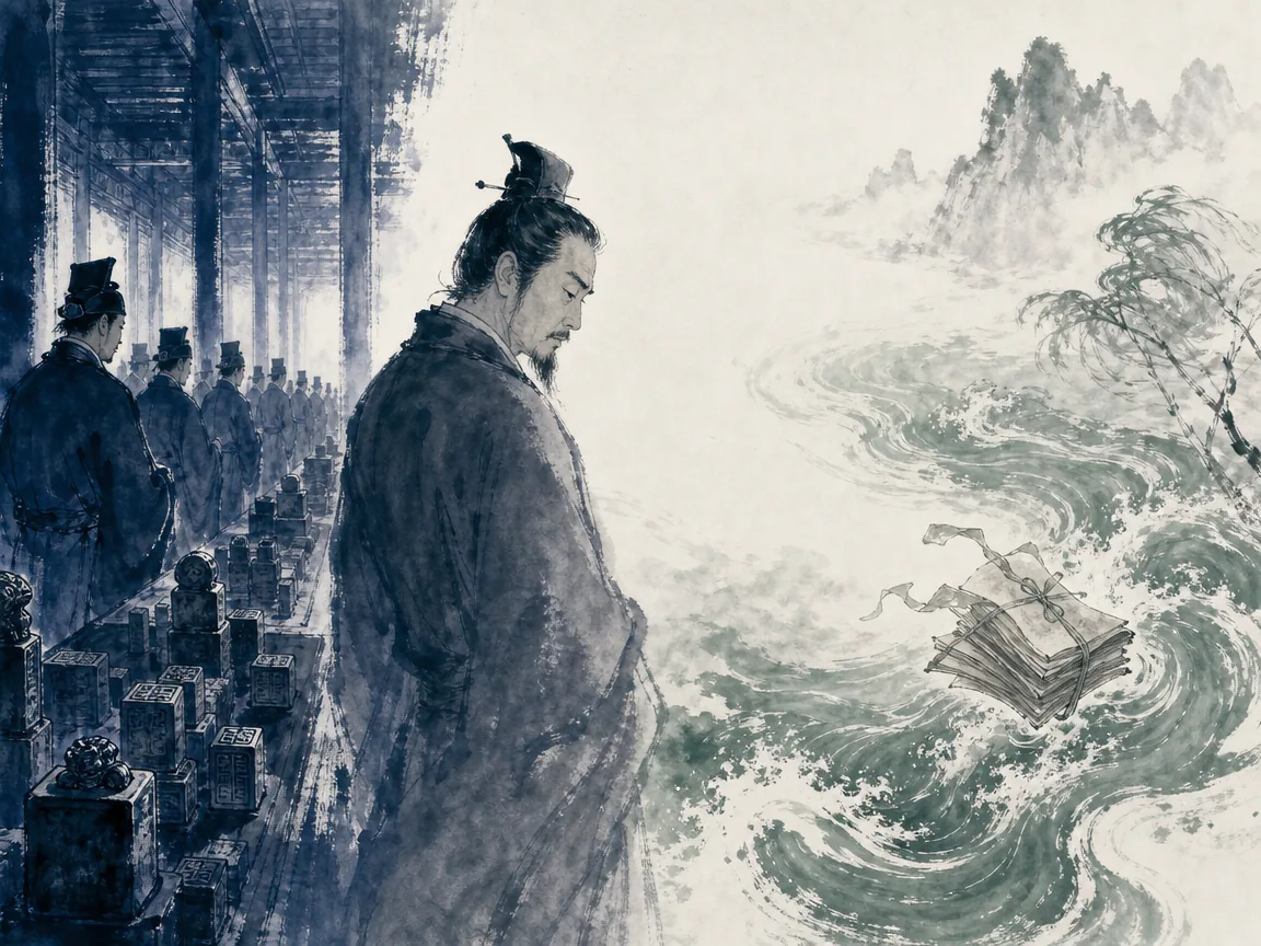 Austere ministerial hallway with official seal stamps contrasted with misty river ripples carrying scattered memorial letters in nuanced reflective ink wash contrasting rigid administrative architecture with tender water ripples, illustrating the poignant tension in Yuan Zhen's life between bureaucratic maneuvering and genuine grief on ChiDestiny