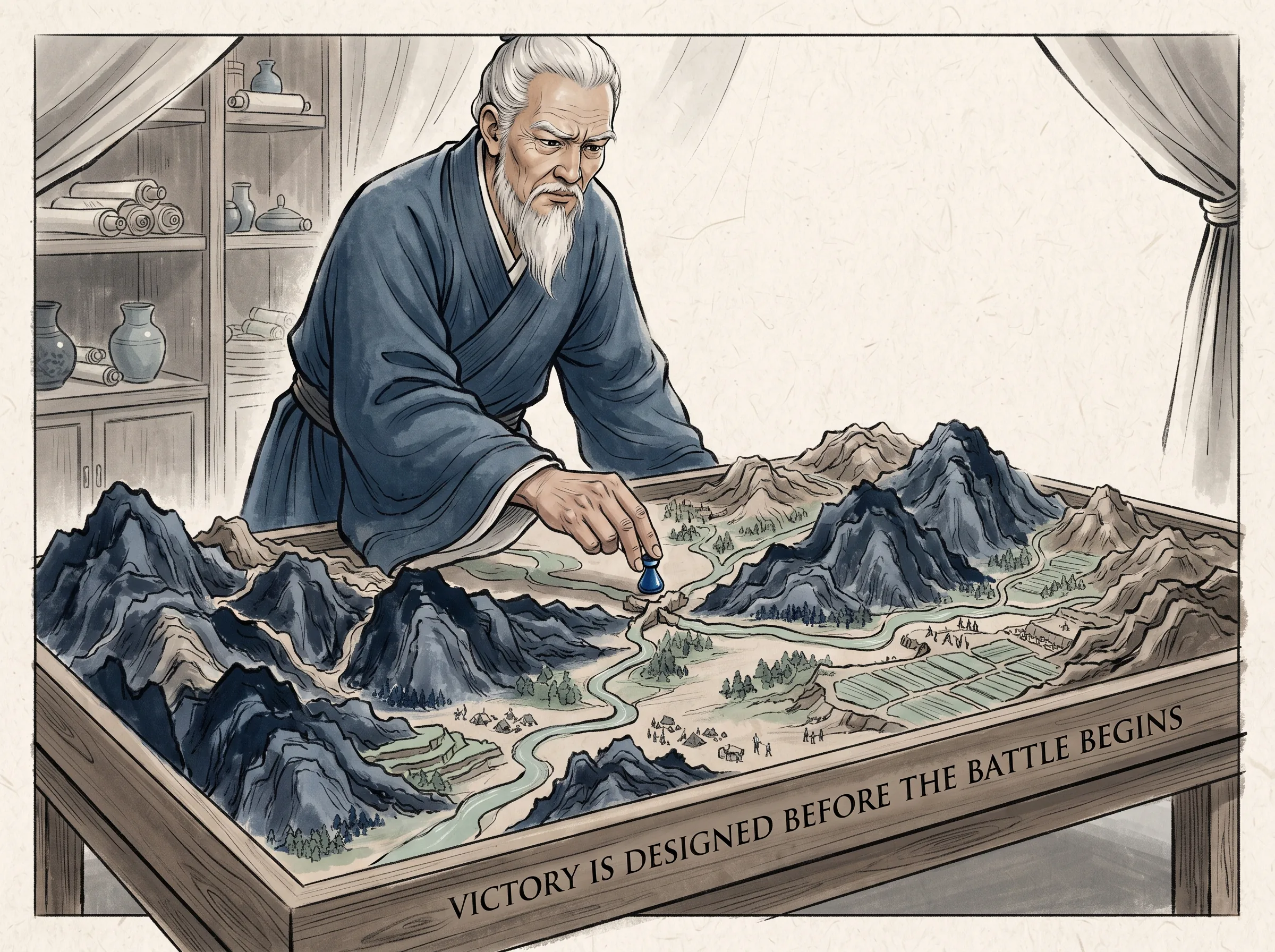 an ancient military master standing over a detailed sand-table landscape map with wooden topography blocks, placing a small blue marker with absolute precision where the river naturally blocks the pass, deep Prussian blue ink washes for mountain gorges in contemporary literati Chinese ink cartoon style with Prussian blue ink wash, sage green accents, and Xuan paper negative space, illustrating victory is designed before the battle begins, embodying 孙子兵法核心'胜兵先胜而后求战'：在沙盘推演中早已通过地形、粮道与庙算奠定不可动摇的胜局，战场交锋不过是收割既定结果 on ChiDestiny