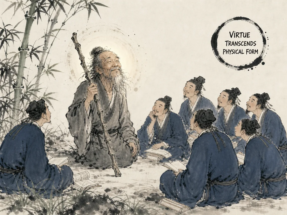 an enlightened crippled master leaning calmly on a rustic wooden staff without feet, his radiant eyes and serene inner aura attracting a devoted circle of scholarly students eager to learn, deep Prussian blue scholar coats in contemporary literati Chinese ink cartoon style with Prussian blue ink wash, sage green accents, and Xuan paper negative space, illustrating virtue transcends physical form, embodying 兀者王骀虽断双足拄杖而立，神采超然内圣外王，众多弟子如众星捧月般向他求道，彰显德充于内形忘于外 on ChiDestiny