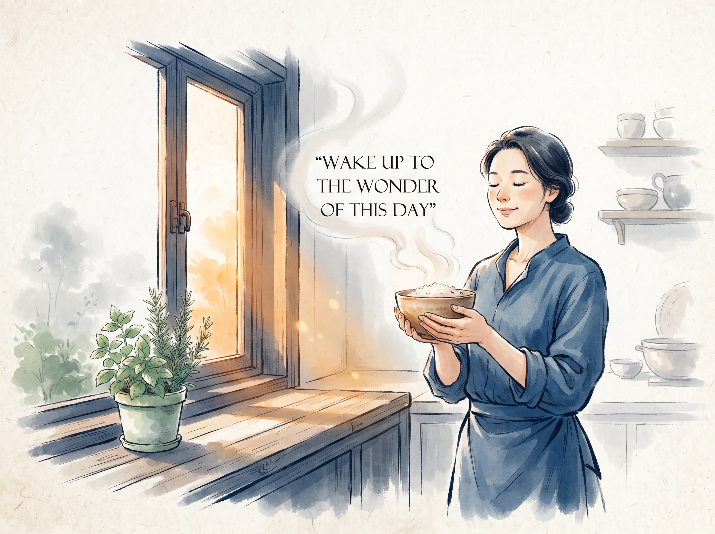 a person standing by a sunny kitchen window with eyes closed in sheer gratitude, holding a warm handmade ceramic rice bowl with both hands as morning steam rises softly, deep Prussian blue kitchen lines and clothes in contemporary literati Chinese ink wash in deep Prussian blue and sage green with ample Xuan paper negative space, illustrating wake up to the wonder of this day, embodying 审美觉醒重塑日常生活：放慢脚步感知清风抚面，用心品尝一口温热米饭的清香，生命从麻木的死水化作流淌着温情与光的清泉 on ChiDestiny