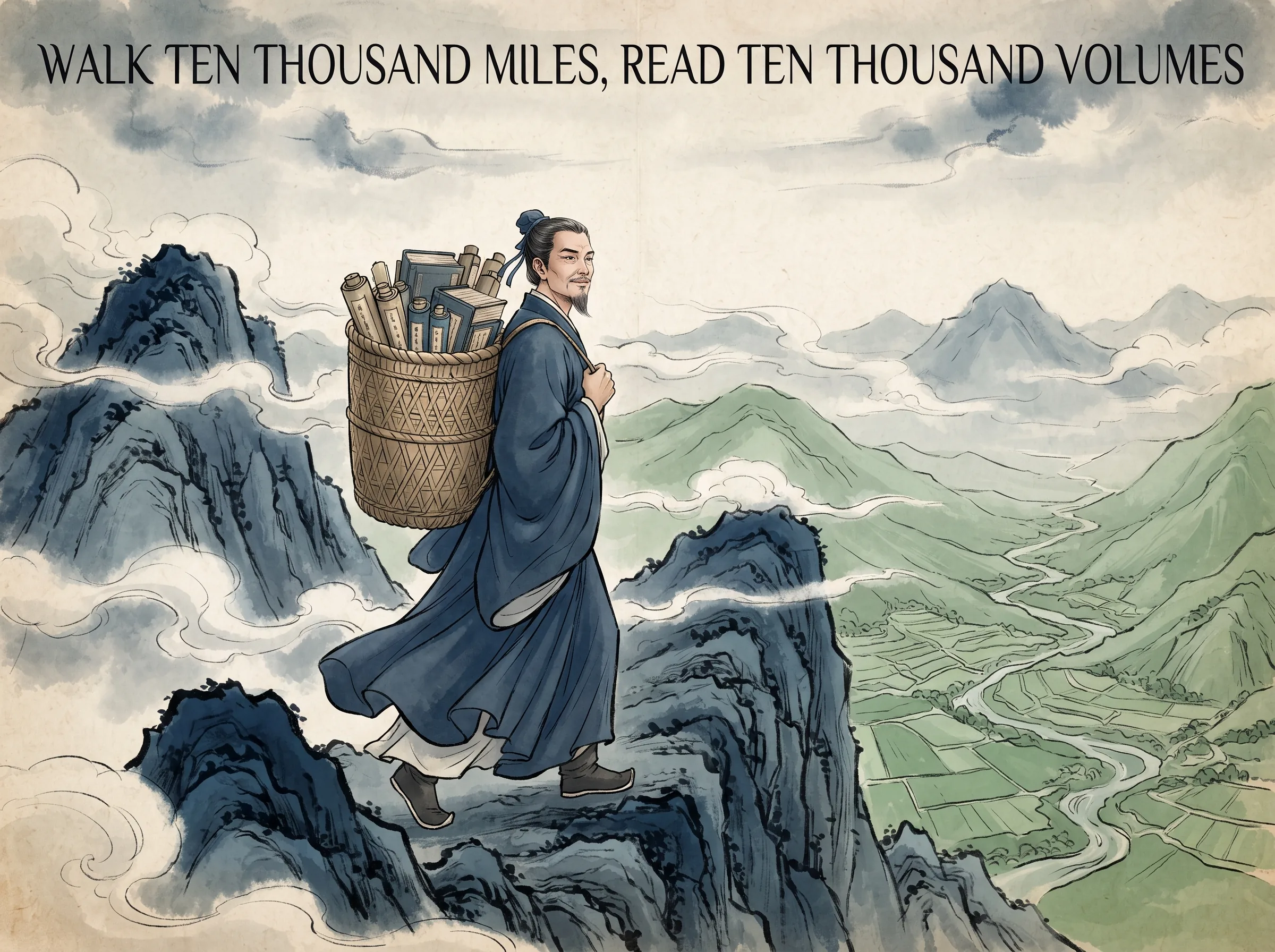 a spirited traveler carrying a woven bamboo book backpack walking resolutely over high windy mountain ridges where clouds brush his shoulders, radiant calm in his expression, deep Prussian blue craggy ridges and scholar boots in contemporary literati Chinese ink wash in deep Prussian blue and sage green with ample Xuan paper negative space, illustrating walk ten thousand miles, read ten thousand volumes, embodying 气韵的养成：'读万卷书，行万里路，胸中脱去尘浊，丘壑自然内营'，行者在雪山与书海间漫步，灵魂沉淀出由内而外的浩然华彩 on ChiDestiny