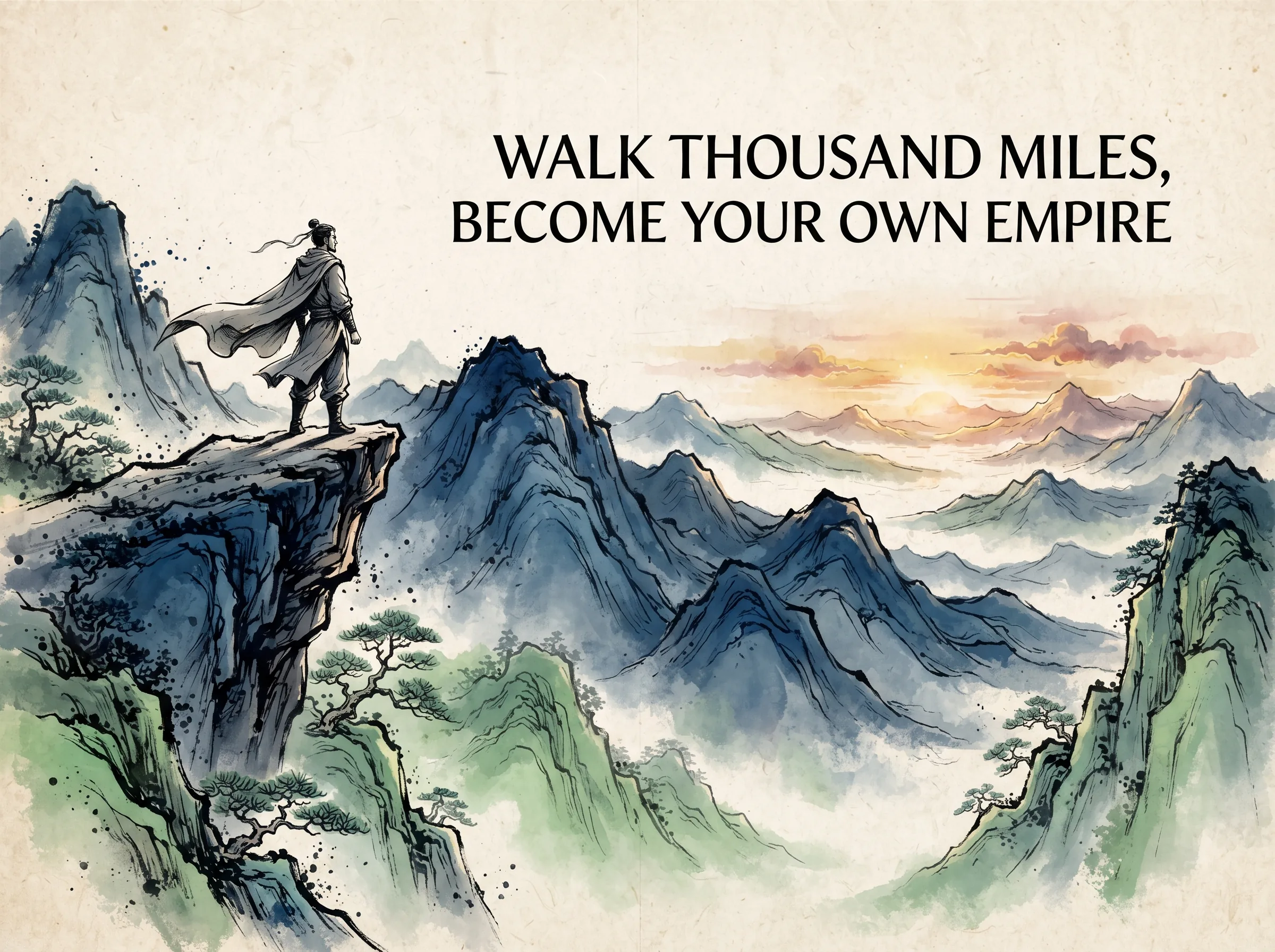 a solitary proud traveler standing on a high windswept promontory looking out over vast layered mountain ridges stretching to the distant sunrise, their silhouette radiating the grandeur of the mountains themselves, deep Prussian blue mountain ranges in contemporary literati Chinese ink wash in deep Prussian blue and sage green with ample Xuan paper negative space, illustrating walk thousand miles, become your own empire, embodying '走过千里，自成江山'：行者历经千山万水与风霜洗礼，眼界与胸襟化为自身内在的浩瀚山河，无惧世事变迁，自成气象 on ChiDestiny