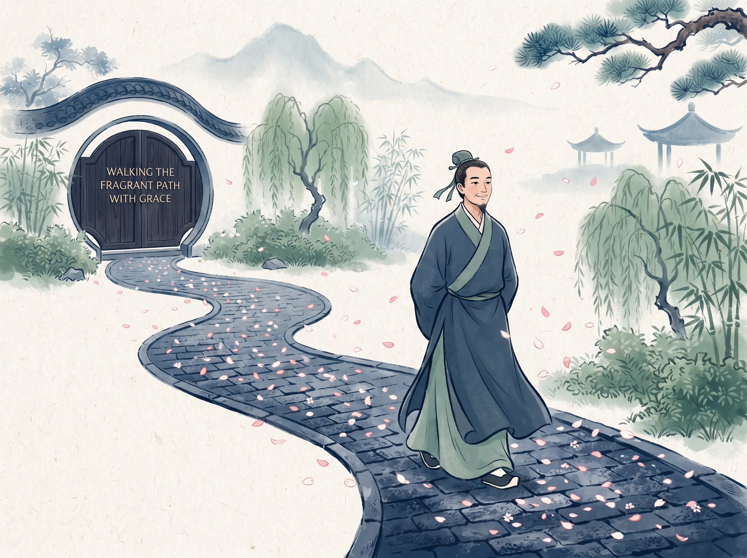 a solitary peaceful scholar slowly pacing down a winding cobblestone garden pathway strewn with falling petals, hands clasped behind back, breathing the sweet lingering scent of impermanence with quiet smile in contemporary literati Chinese ink wash in deep Prussian blue and sage green with ample Xuan paper negative space, illustrating walking the fragrant path with grace, embodying 小园香径独徘徊：漫步在芬芳落花的小径上，既不强求留住春天，也不感伤沉沦，以优雅从容的步履接纳万事万物的自然流转 on ChiDestiny