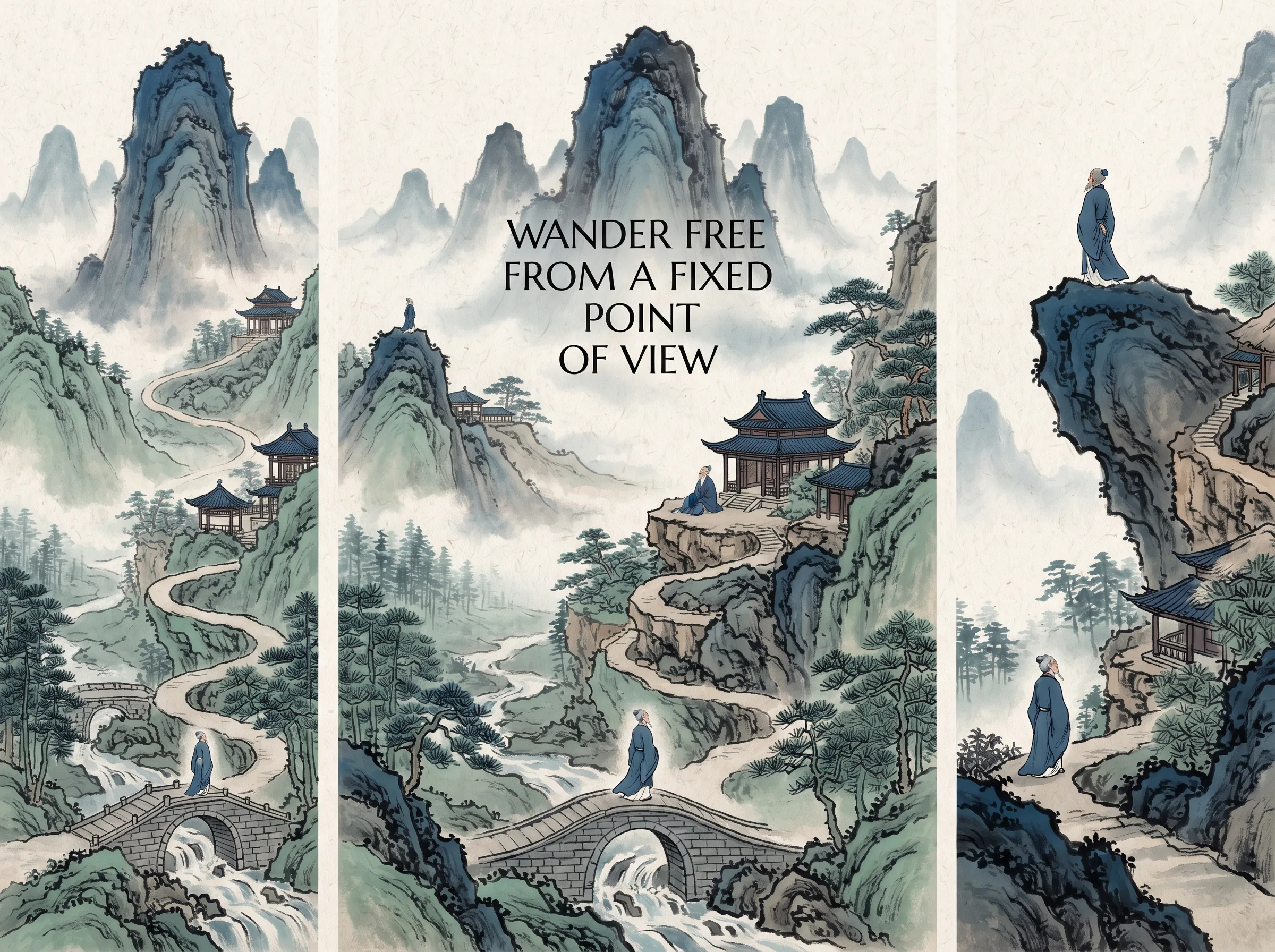 a magnificent vertical landscape where different viewpoints coexist in poetic harmony: paths wind from bottom bridges to mid-cliff hermitages and top soaring summits, a traveler appearing at multiple heights simultaneously like a spiritual journey through time, deep Prussian blue towering peaks in contemporary literati Chinese ink wash in deep Prussian blue and sage green with ample Xuan paper negative space, illustrating wander free from a fixed point of view, embodying 散点透视的哲学胸怀：打破照相机单孔视角的霸权，观画者既在山下看飞瀑，又在山腰看寺庙，又在山巅看云海，在时空漫游中与天地精神相往来 on ChiDestiny