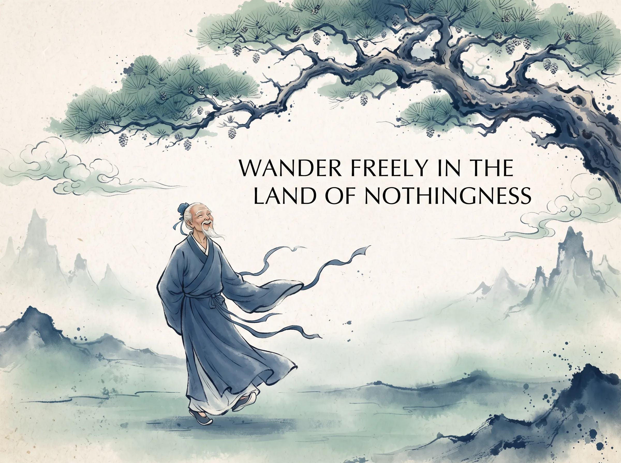 an ancient wanderer walking joyfully with floating robe ribbons across an ethereal, boundless misty plain under a great wild twisted pine, eyes gazing at soaring cloud shapes in contemporary literati Chinese ink wash in deep Prussian blue and sage green with ample Xuan paper negative space, illustrating wander freely in the land of nothingness, embodying 庄子逍遥游于无何有之乡：无用之大树立于广漠之野，文人放任思绪漫游，在无目的的漫步与遐想中，灵魂获得真正的解放与翱翔 on ChiDestiny
