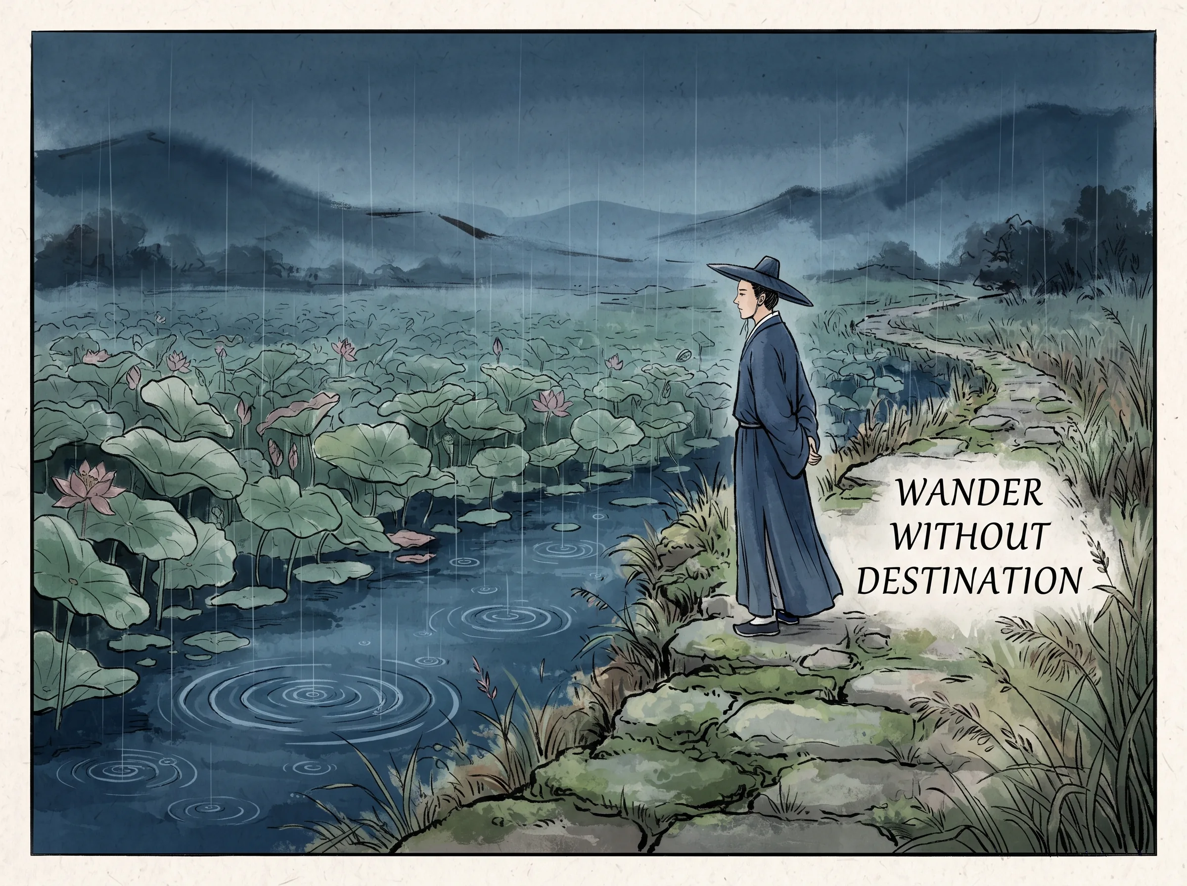 a solitary figure wandering slowly along a meandering stone path by an overgrown lotus pond, pausing with hands behind back to watch rain ripples expanding in the water, deep Prussian blue twilight pond and distant hills in contemporary literati Chinese ink wash in deep Prussian blue and sage green with ample Xuan paper negative space, illustrating wander without destination, embodying 日常中的萧散实践：给心灵留出一段不设目的的漫游时光，看云聚云散，听雨打残荷，在空无一物的闲暇中找回生命的本真灵性 on ChiDestiny