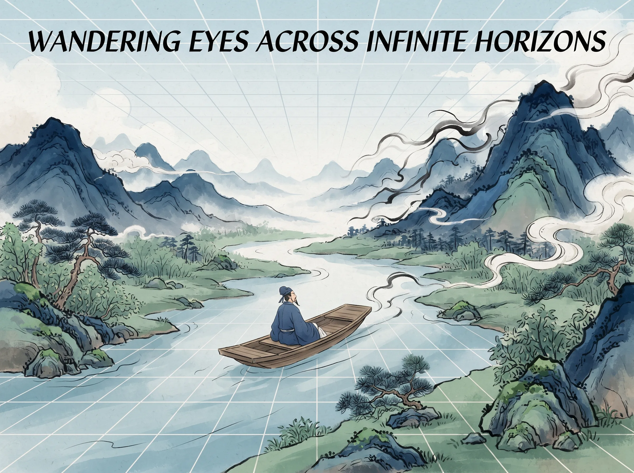 clever visual contrast between rigid geometric perspective grid lines dissolving into organic flowing ink mist, an ancient scholar in a wooden skiff drifting through rolling mountain ranges with scattered perspective, deep Prussian blue ink washes and distant peaks in contemporary literati Chinese ink wash in deep Prussian blue and sage green with ample Xuan paper negative space, illustrating wandering eyes across infinite horizons, embodying 西方透视焦点网格与中式散点透视气韵流动的对比：文士乘着一叶扁舟随山川起伏自由穿行，不受单一视点禁锢，展现游目骋怀的宇宙观 on ChiDestiny