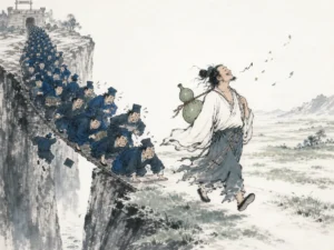 Cheerful布衣poet with wine gourd strolling happily away from a crowded narrow bridge into open countryside meadows in whimsical literati cartoon wash contrasting anxious competitive crowds with boundless open fields, illustrating voluntarily opting out of the zero-sum bureaucratic rat race to reclaim personal sovereignty on ChiDestiny