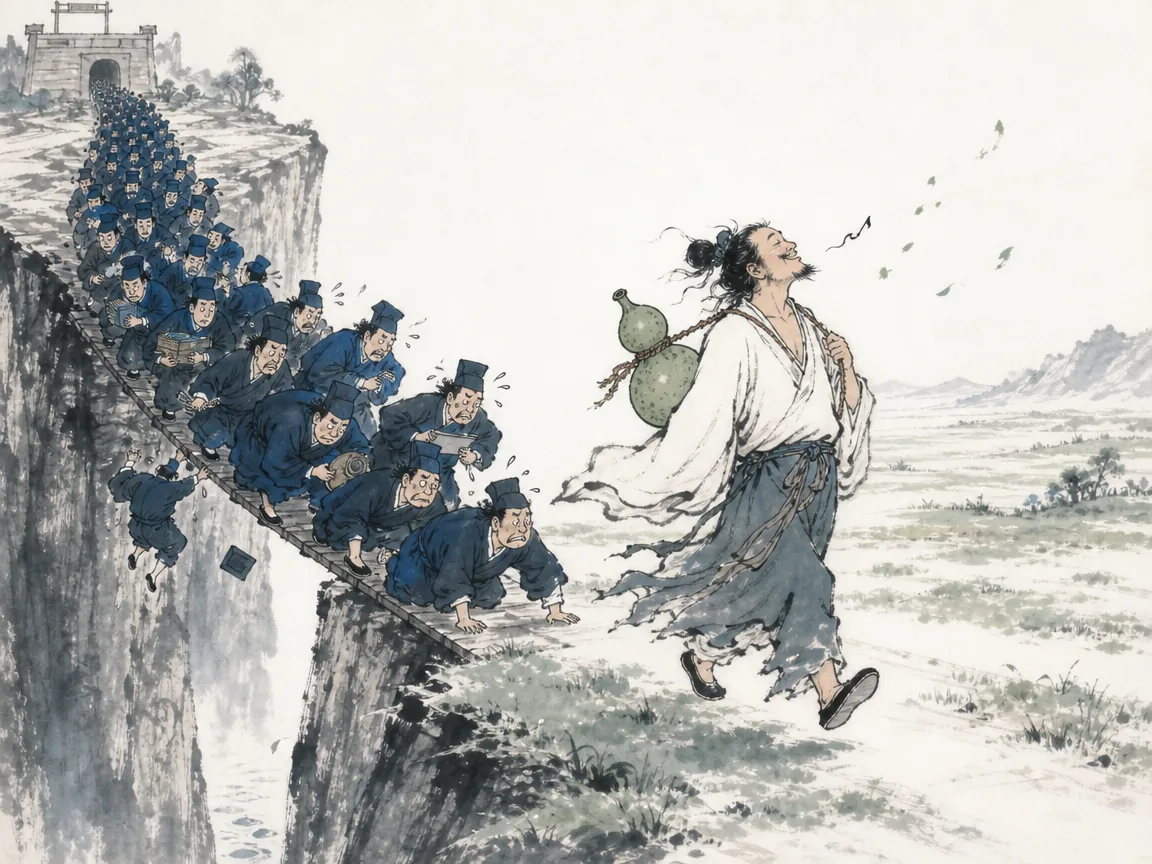 Cheerful布衣poet with wine gourd strolling happily away from a crowded narrow bridge into open countryside meadows in whimsical literati cartoon wash contrasting anxious competitive crowds with boundless open fields, illustrating voluntarily opting out of the zero-sum bureaucratic rat race to reclaim personal sovereignty on ChiDestiny