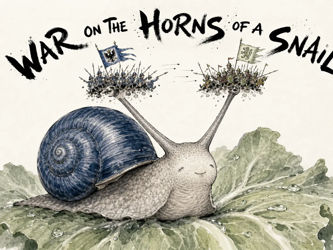 famous cosmic satire, a colossal friendly garden snail crawling peacefully across a wet cabbage leaf, with two microscopic warring toy kingdoms fighting fierce battles with tiny flags and microscopic spears atop its two eye-horns in contemporary literati Chinese ink cartoon style with Prussian blue ink wash, sage green accents, and Xuan paper negative space, illustrating war on the horns of a snail, embodying 蜗牛角上争何事？触蛮二国各据一角，发动百万大军战死数万具尸，庄子以宏大宇宙视角俯瞰微尘帝国的荒谬争斗 on ChiDestiny