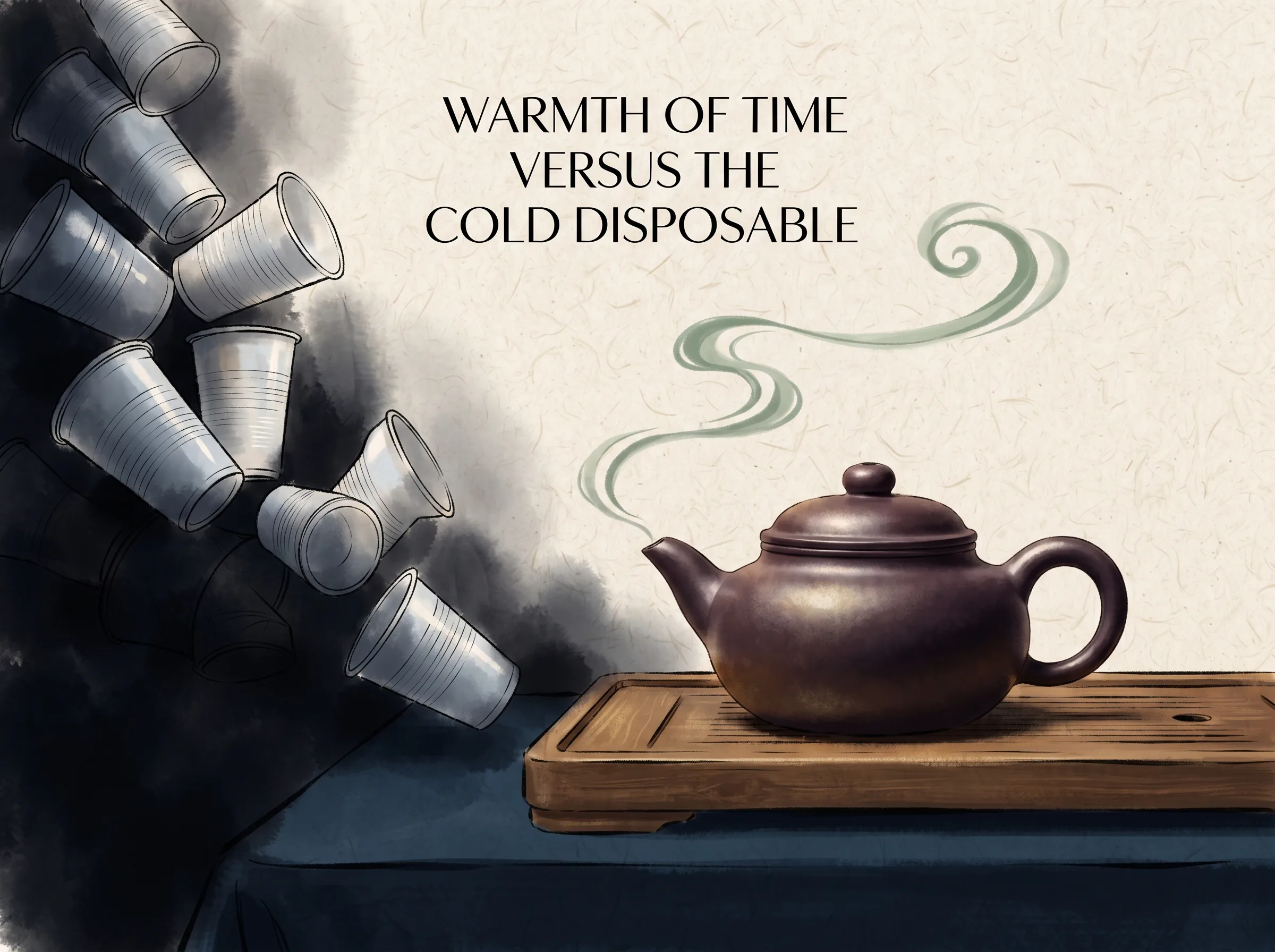 powerful thematic juxtaposition: sterile plastic cups tumbling away into shadowy blur on one side, while centered on a warm wooden tray sits an exquisite dark Yixing purple clay teapot glowing with soft aged patina, deep Prussian blue tea table and shadows in contemporary literati Chinese ink wash in deep Prussian blue and sage green with ample Xuan paper negative space, illustrating warmth of time versus the cold disposable, embodying 工业时代冰冷速朽的塑料消费品堆叠成山，与一把经数十年茶汤滋养、表面泛着如玉温润包浆光泽的紫砂老壶形成强烈对比 on ChiDestiny