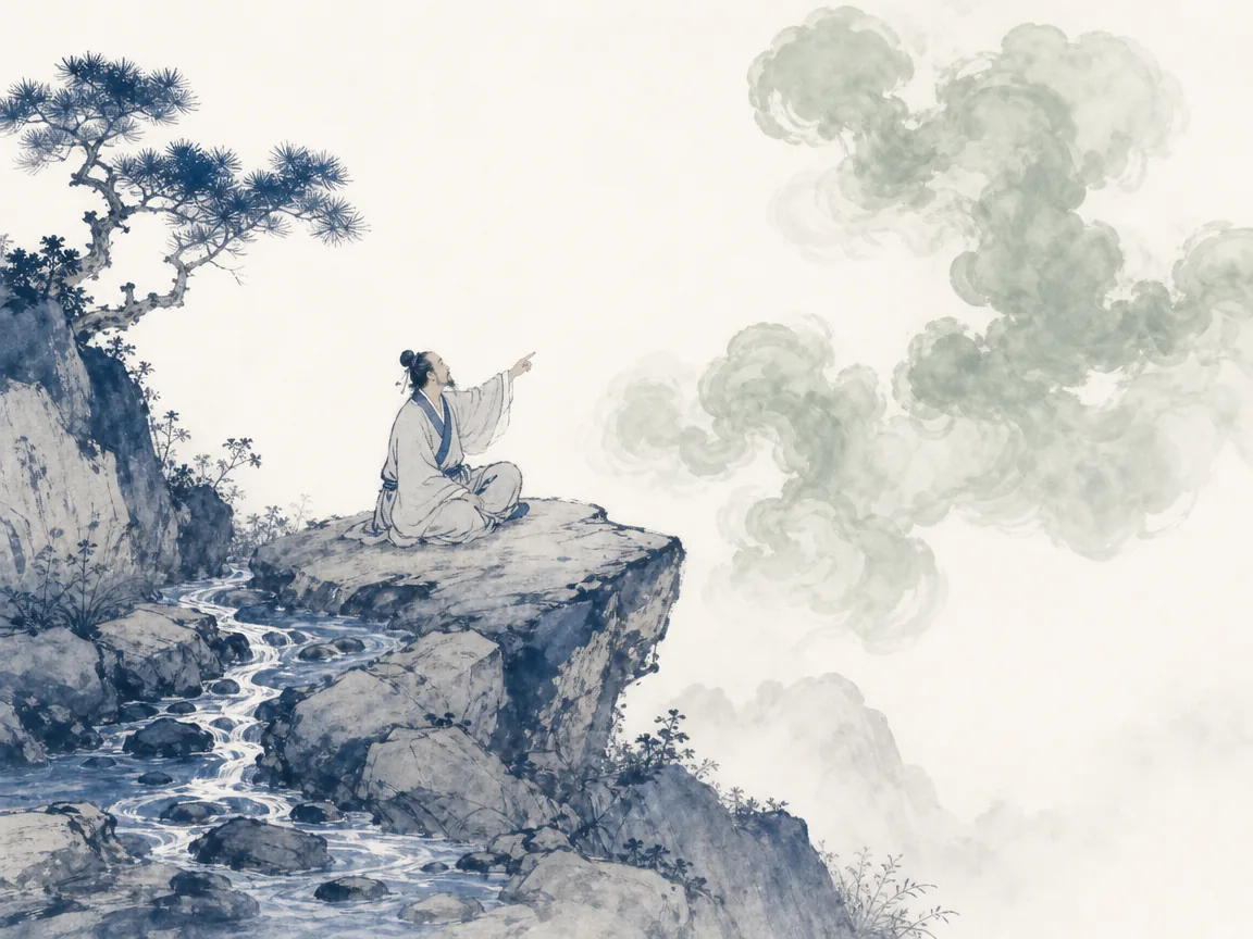 Contemplative wanderer seated peacefully upon a streamside boulder watching misty vapor rise gently above a mountain ridge in ethereal landscape wash in subtle Prussian blue gradations highlighting quiet moss and rising cloud puffs, illustrating Wang Wei's wisdom that arriving at the end of a path is a natural invitation to watch clouds rise on ChiDestiny