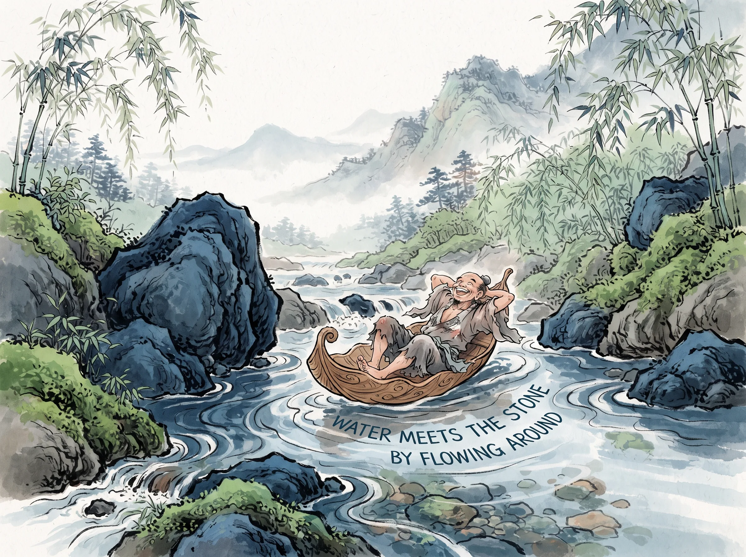 a tiny wooden leaf-boat gliding effortlessly around massive jagged boulders along a clear rushing mountain stream, guided by a laughing hermit reclined with arms behind head, deep Prussian blue river boulders and deep currents in contemporary literati Chinese ink wash in deep Prussian blue and sage green with ample Xuan paper negative space, illustrating water meets the stone by flowing around, embodying 道家面对受阻时的顺势解套：上善若水避开巨石，随物赋形顺水行舟，在静水流深中蓄积不可阻挡的生命原力 on ChiDestiny
