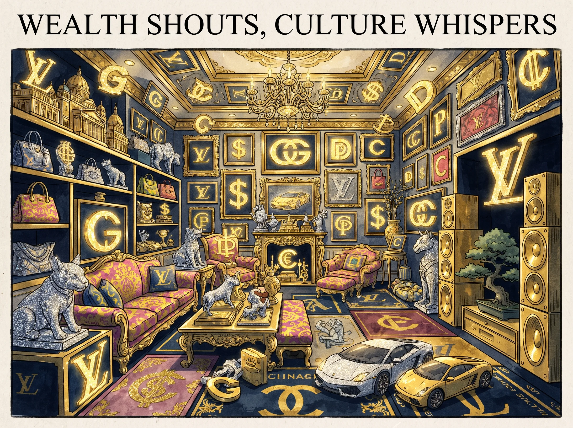 biting cultural satire, an ostentatious drawing room overflowing with gilded ornaments, diamond-studded status symbols in contemporary literati Chinese ink wash in deep Prussian blue and sage green with ample Xuan paper negative space, illustrating wealth shouts, culture whispers, embodying 审美第二层'富'的炫耀与表演：金碧辉煌、堆砌大牌符号却毫无灵魂的暴发户客厅，昂贵却刺目拥挤，缺少从容的文化底蕴 on ChiDestiny