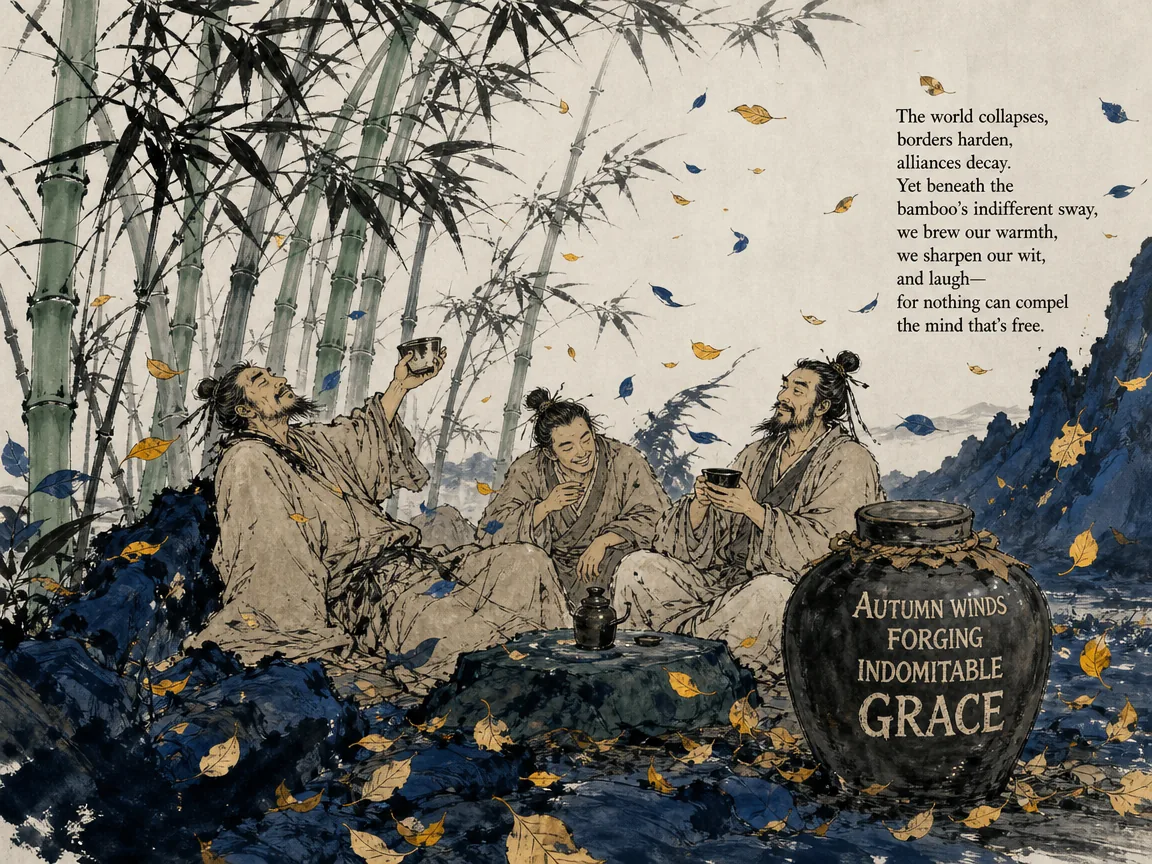 Wei-Jin literati drinking warm wine beneath chilly windswept bamboo groves as golden-blue autumn leaves swirl around their simple hemp robes, displaying bohemian defiance against cold collapse in deep Prussian blue rocky shadows, fresh sage green bamboo trunks, and airy Xuan paper, illustrating autumn winds forging indomitable grace, showing how harsh climatic cooling inspired philosophical detachment and resilience on ChiDestiny