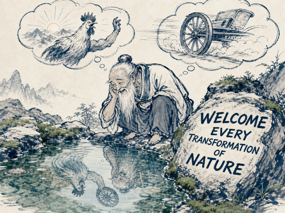 a stoic hunched elderly sage peering cheerfully into a clear mountain spring reflecting his altered body, happily imagining his arm transforming into a rooster announcing the dawn or a wheel of a chariot, Prussian blue dry-brush contours in contemporary literati Chinese ink cartoon style with Prussian blue ink wash, sage green accents, and Xuan paper negative space, illustrating welcome every transformation of nature, embodying 子舆染病驼背曲身，临泉照影笑看造化变易：若造化将左臂变为公鸡便报晓，将右臂变为弹弓便求鸟炙，达观面对生死形骸 on ChiDestiny