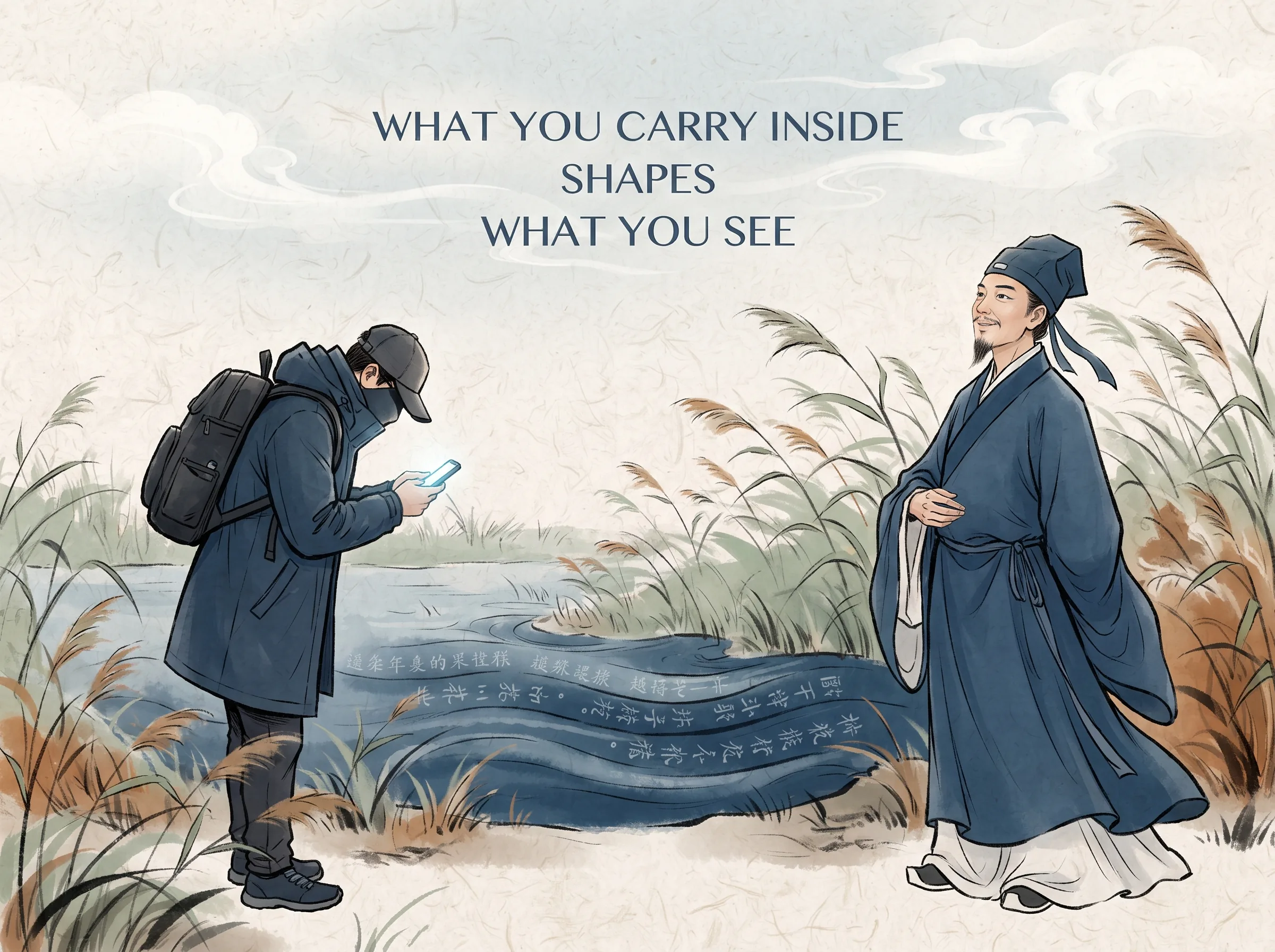two contrasting travelers standing by an autumn marsh: one hurried modern figure staring down at a gadget, while an observant poet gazes outward smiling at swaying reeds and gentle ripples where hidden calligraphic ripples dance, deep Prussian blue lake waters and traveler coats in contemporary literati Chinese ink wash in deep Prussian blue and sage green with ample Xuan paper negative space, illustrating what you carry inside shapes what you see, embodying 两位行者面对同一片寻常萧瑟的秋日芦苇荡，匆匆过客只觉荒凉单调，而深具审美学养的文人却看见了层层水墨晕染的生机与诗意 on ChiDestiny