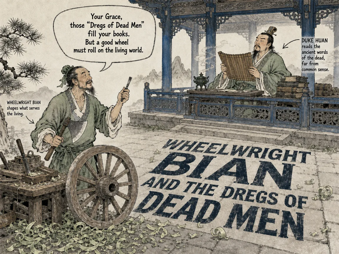 an old artisan Wheelwright Bian holding an axe and chisel beside a crafted wooden chariot wheel, cheerfully speaking truth to an imperial Duke Huan who reads an ancient heavy bamboo book in the pavilion above, Prussian blue pavilion architecture in contemporary literati Chinese ink cartoon style with Prussian blue ink wash, sage green accents, and Xuan paper negative space, illustrating wheelwright bian and the dregs of dead men, embodying 轮扁在堂下以斧凿斫轮，徐疾甘苦得之于手而应于心不可言传；齐桓公在堂上读古圣经典，轮扁笑指所读者不过古人糟粕 on ChiDestiny