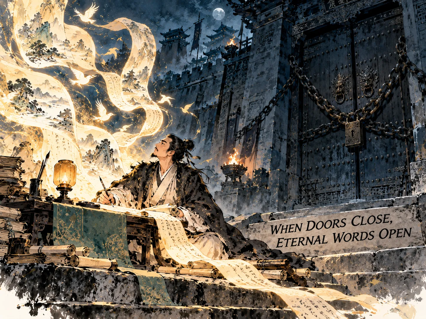 heavy iron fortress gates locked shut with massive chains in the background, while in the foreground a solitary banished scholar sits by an oil lamp painting immortal poetic scrolls that radiate warm celestial light outlasting empires, Prussian blue locked palace ramparts in contemporary literati Chinese ink wash in deep Prussian blue and sage green with ample Xuan paper negative space, illustrating when doors close, eternal words open, embodying 王座铁门重重锁闭，而书案前一盏孤灯下，被剥夺权力的文人却用毛笔点燃了照亮千载的璀璨篇章，失意成就了永恒经典 on ChiDestiny