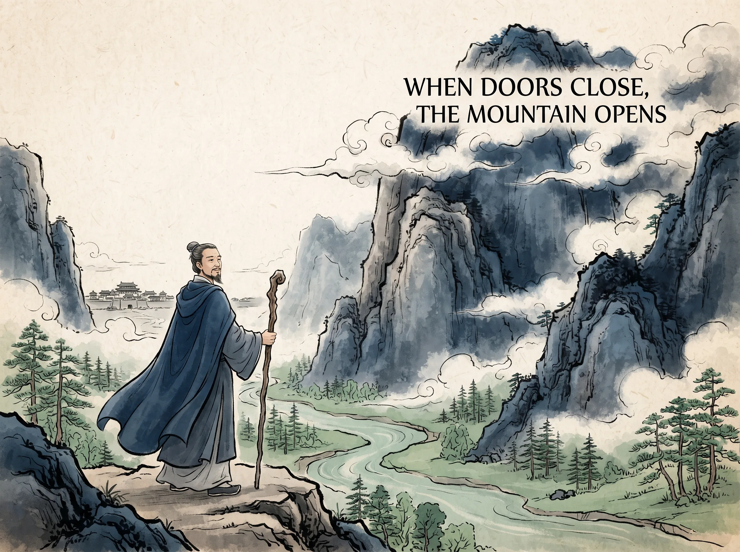 a scholar standing with a walking staff at the threshold of a vast misty mountain canyon, turning away from a tiny distant walled capital city to face monumental granite cliffs veiled in swirling clouds, deep Prussian blue crags and traveler cloak in contemporary literati Chinese ink wash in deep Prussian blue and sage green with ample Xuan paper negative space, illustrating when doors close, the mountain opens, embodying 政治抱负受挫的文人背离红尘官场，将目光投向苍茫山岳，在青峰绝壁与云海泉流之间，找到了一方永不背叛的心灵归宿 on ChiDestiny