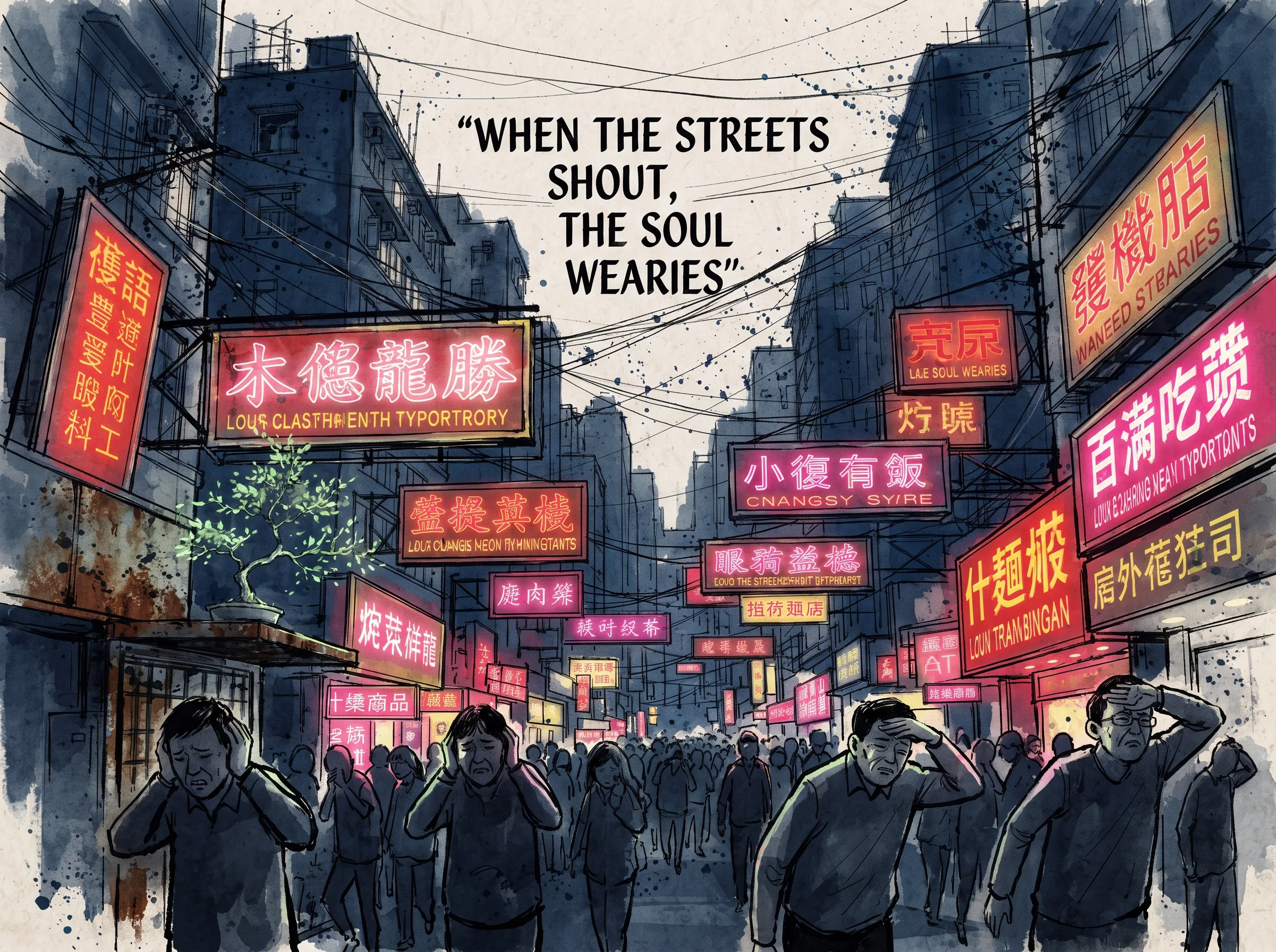 a crowded city street suffocated by jarring oversized red and yellow advertising billboards, clashing neon typography, and tangled overhead wires in contemporary literati Chinese ink wash in deep Prussian blue and sage green with ample Xuan paper negative space, illustrating when the streets shout, the soul wearies, embodying 现代城市视觉污染的大声喧哗：混乱狂躁的巨大霓虹招牌、粗暴的红色横幅与闪烁屏幕撕裂了街道的温情，让人神经紧绷疲惫不堪 on ChiDestiny